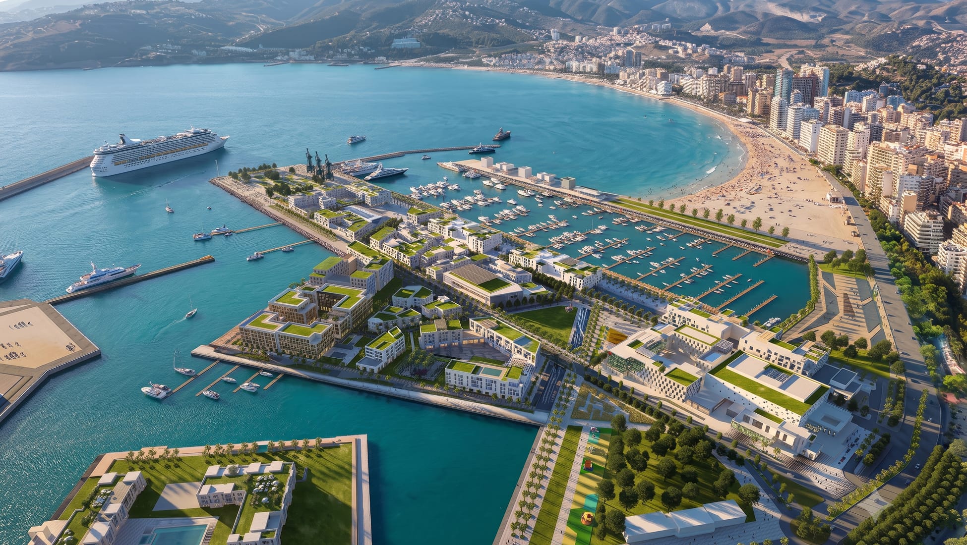 Aerial rendering of a coastal mixed-use waterfront development with green-roofed buildings, a marina filled with boats, a public park, and a curving sandy beach, set against a dense coastal city and mountains in the background, with a cruise ship and yachts in the harbor.