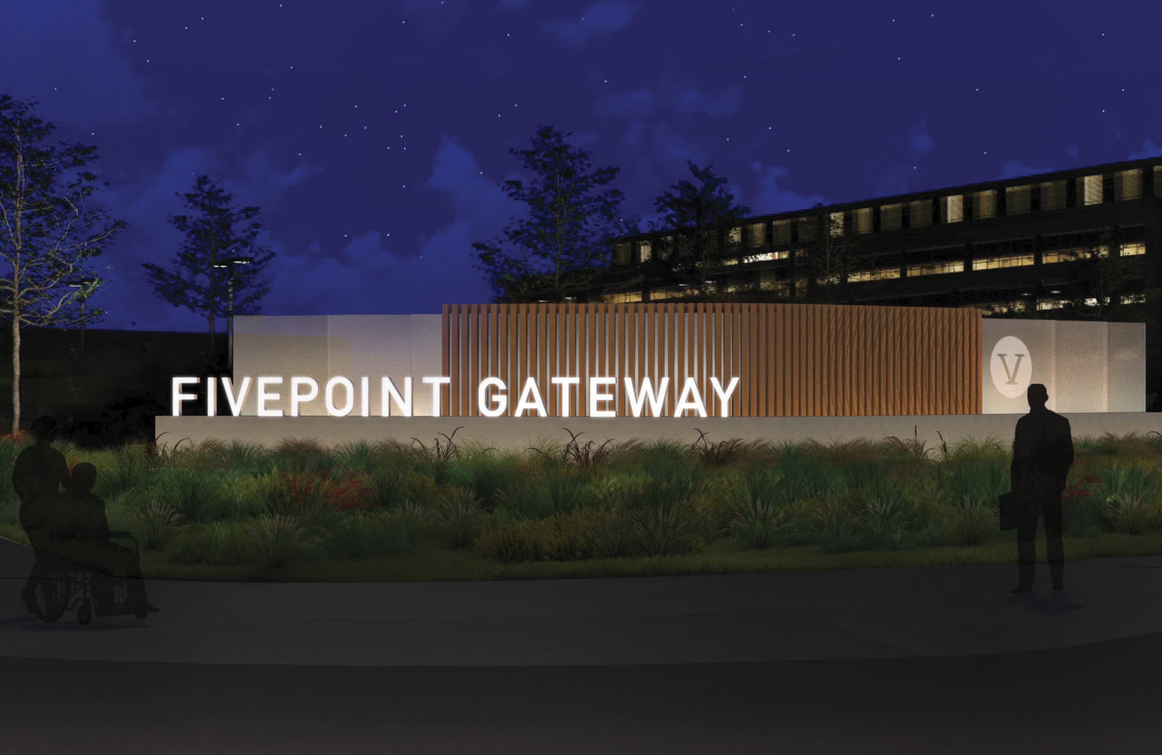 Photorealistic nighttime rendering of a monument sign for FivePoint Gateway, designed by RSM Design, showcasing experiential graphic design, environmental graphics, and branded placemaking. The contemporary entry feature combines illuminated dimensional letters, architectural concrete, vertical wood slats, and integrated landscape lighting to create a strong sense of arrival for a mixed-use development. This wayfinding and identity signage solution reflects RSM Design’s expertise in urban mixed-use, healthcare campuses, commercial office environments, and destination placemaking—integrating branding, architecture, lighting, and landscape into a cohesive environmental design strategy.