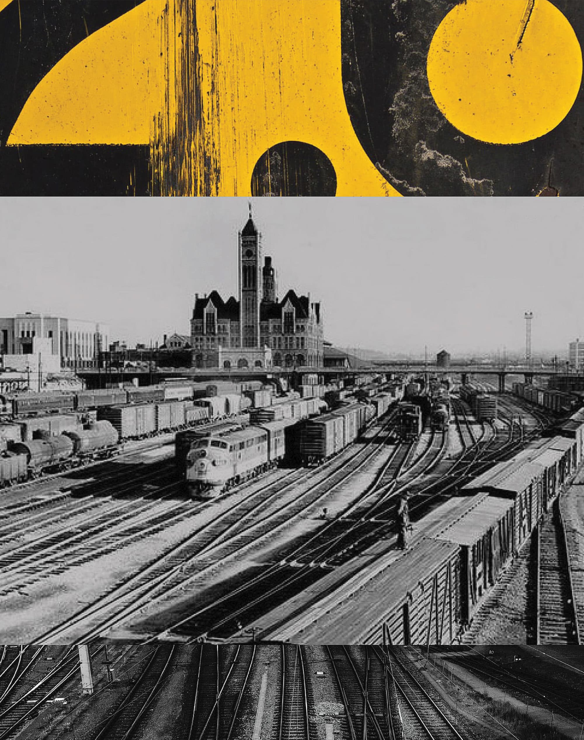 Brand identity moodboard for Nashville Yards combining a distressed yellow and black graphic logo detail with a historic black-and-white photograph of Nashville's Union Station rail yards, illustrating the placemaking and visual identity design rooted in local history and cultural context by RSM Design.