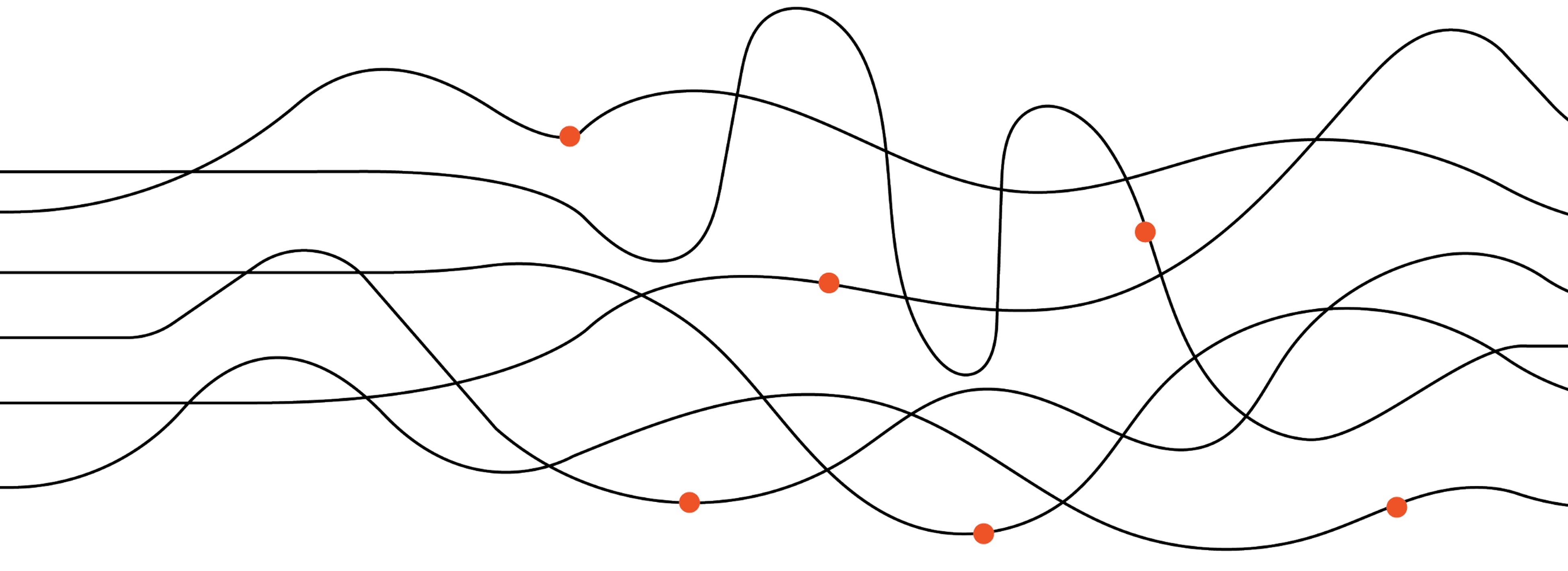 Abstract graphic pattern of overlapping black wave lines with orange accent dots on a white background, resembling sound wave motifs — brand identity element by RSM Design.