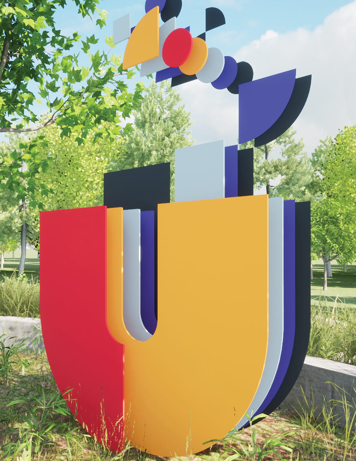 RSM Design large-scale dimensional art installation for HUB RTP — bold multicolor sculptural letter forms with geometric shapes in red, yellow, blue, and purple set among trees at Research Triangle Park, Durham NC