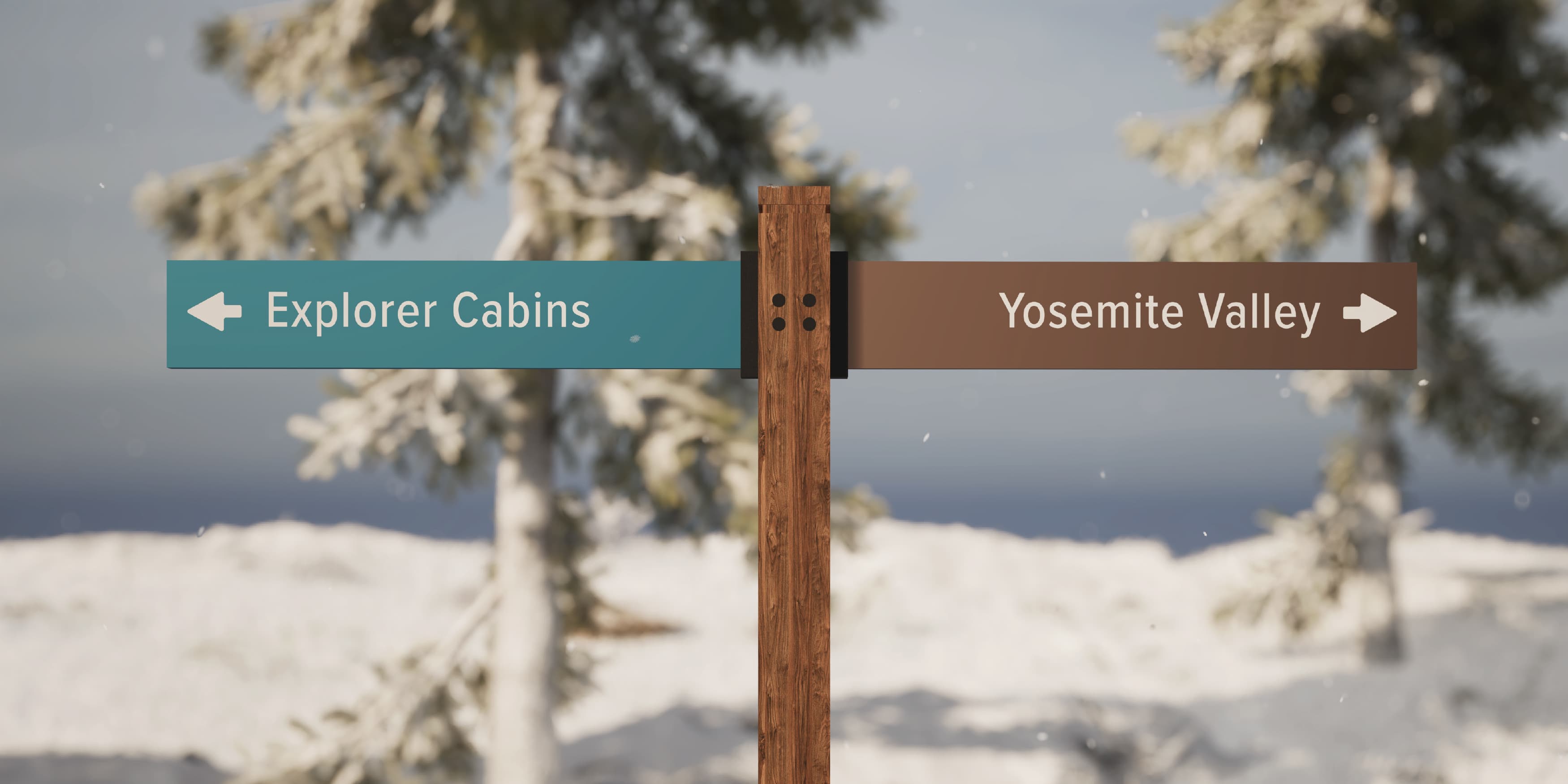 Directional sign for the Explorer Cabins and Yosemite Valley at Tenaya in Yosemite, by RSM Design