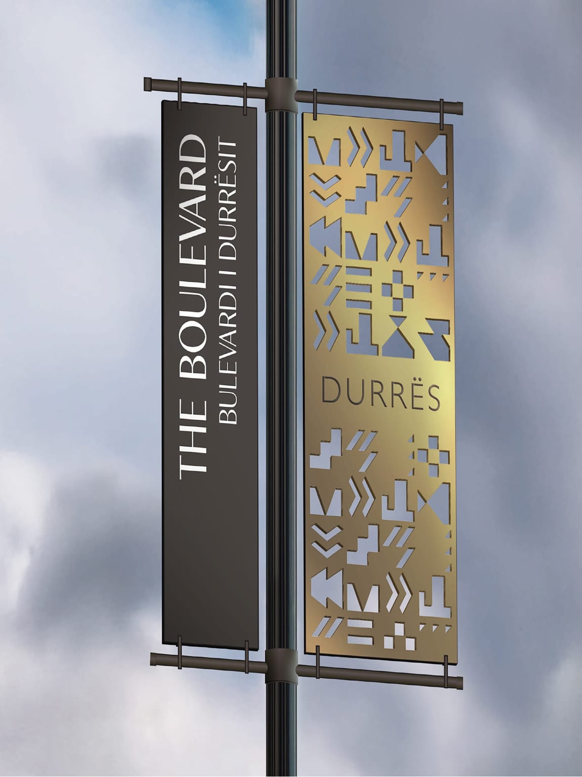 Street banners pair clear, bilingual messaging with a custom perforated pattern, transforming everyday infrastructure into a recognizable and expressive identity element.