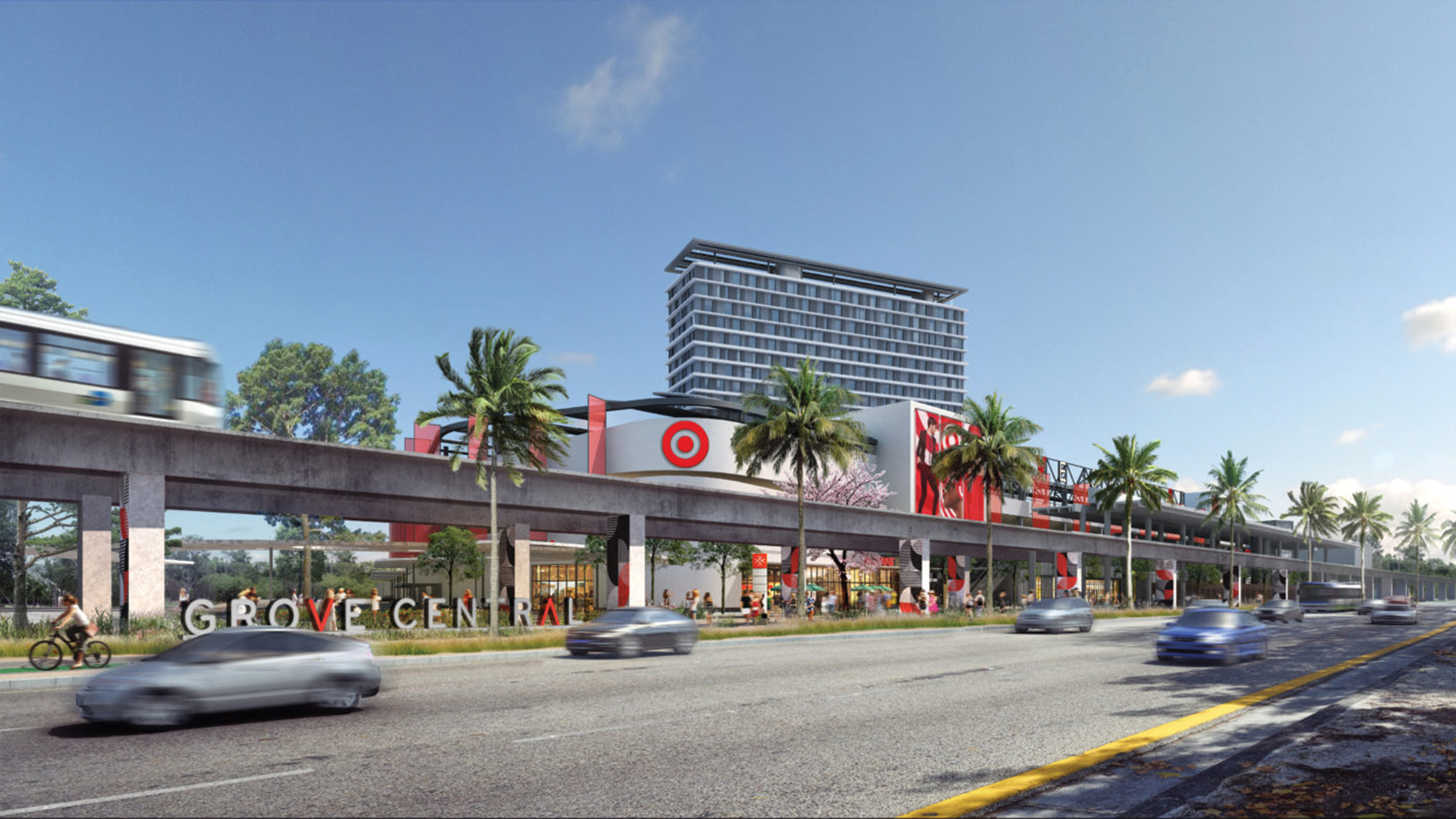 A rendering depicting Grove Central, a mixed-use project located along Miami's new Underline linear park.