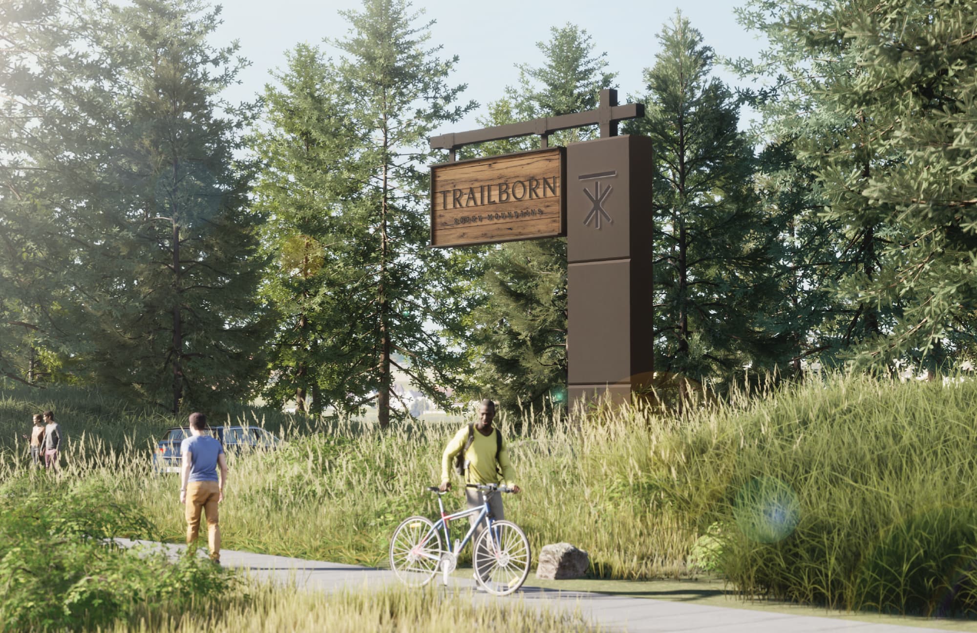 Architectural rendering of a Trailborn Rocky Mountains monument sign with routed wood panel and dimensional brand icon rising above native grasses and pine trees as cyclists and pedestrians pass by, showcasing signage and placemaking design for a hospitality environment by RSM Design.