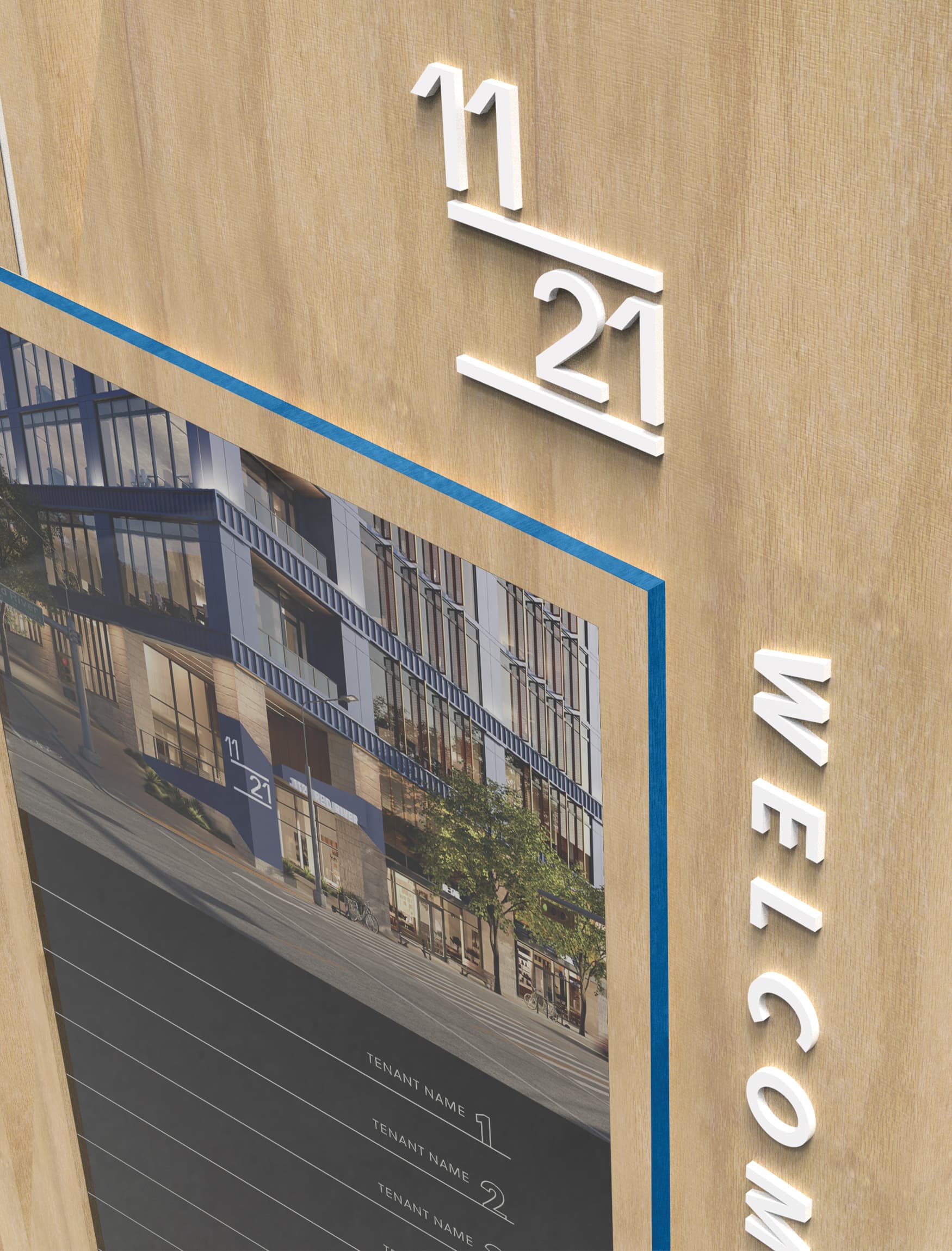 Close up detail rendering of the 1121 Symphony Square directory. 