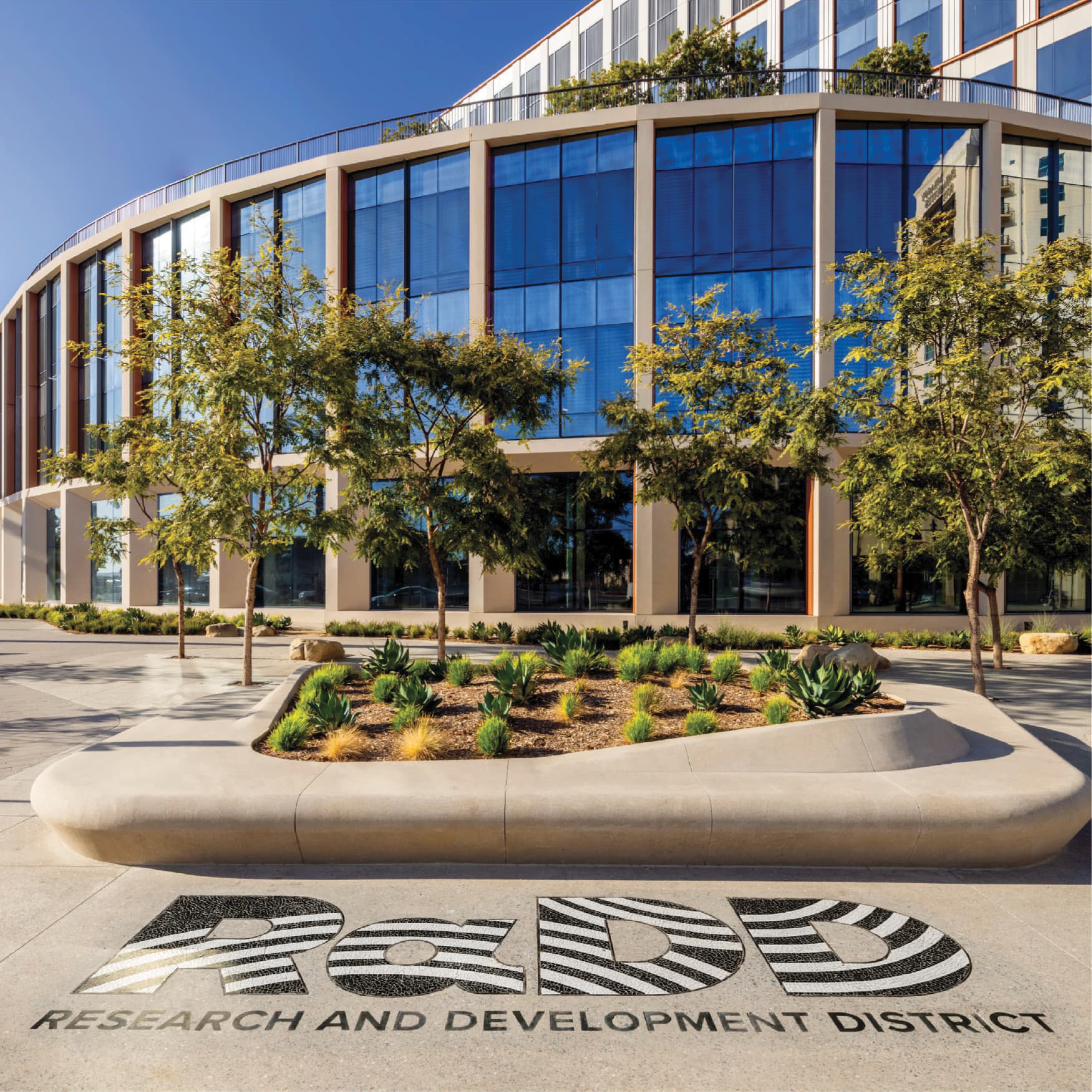 Curved glass office building with a landscaped planter of agave and native grasses in the plaza, and a black and white striped mosaic 'RαDD, Research and Development District' logo embedded in the concrete pavement in the foreground.