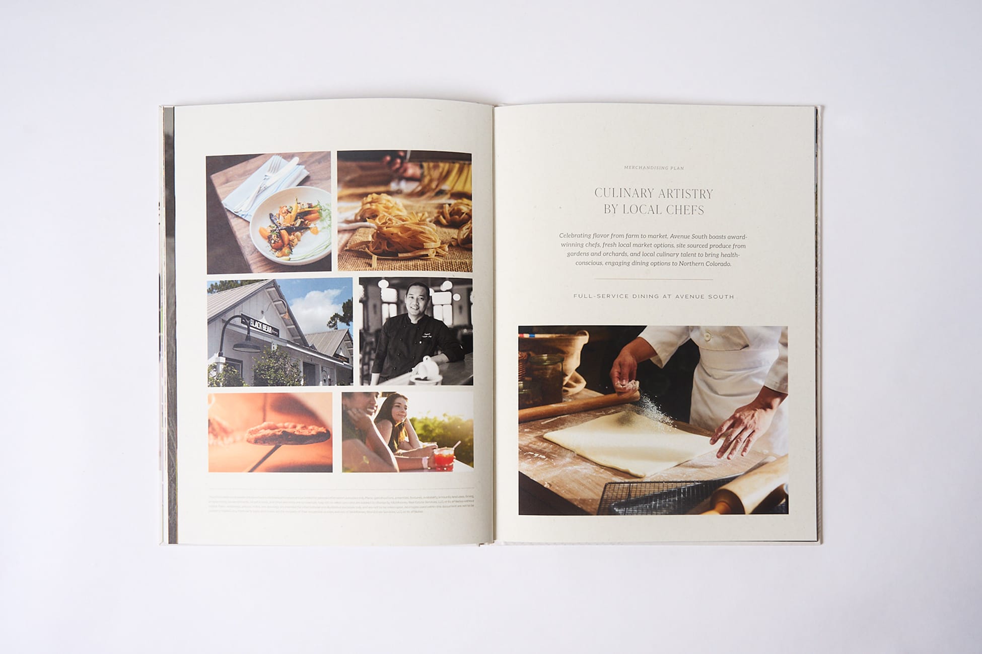 Open brand book spread titled "Culinary Artistry by Local Chefs" with plated dish, handmade pasta, and chef rolling dough photography, brand identity book design by RSM Design.