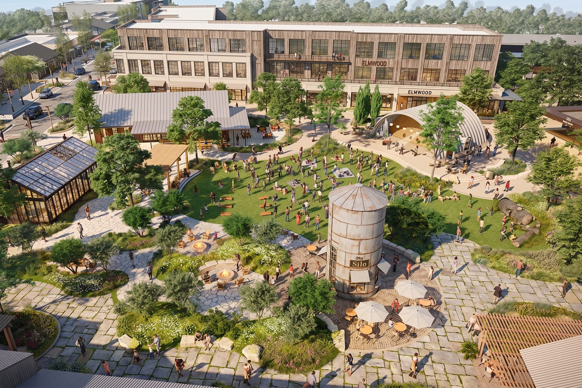 Aerial rendering of Avenue South town center with converted grain silo cafe, event lawn, amphitheater pavilion, greenhouse, and Elmwood retail building, placemaking by RSM Design.