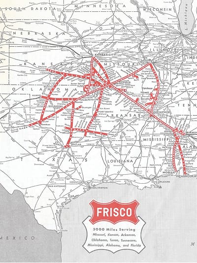 Vintage Frisco railroad map highlighting 5,000 miles of rail routes across Missouri, Kansas, Arkansas, Oklahoma, Texas, Tennessee, Mississippi, Alabama, and Florida, with red lines tracing the network across the south-central United States.