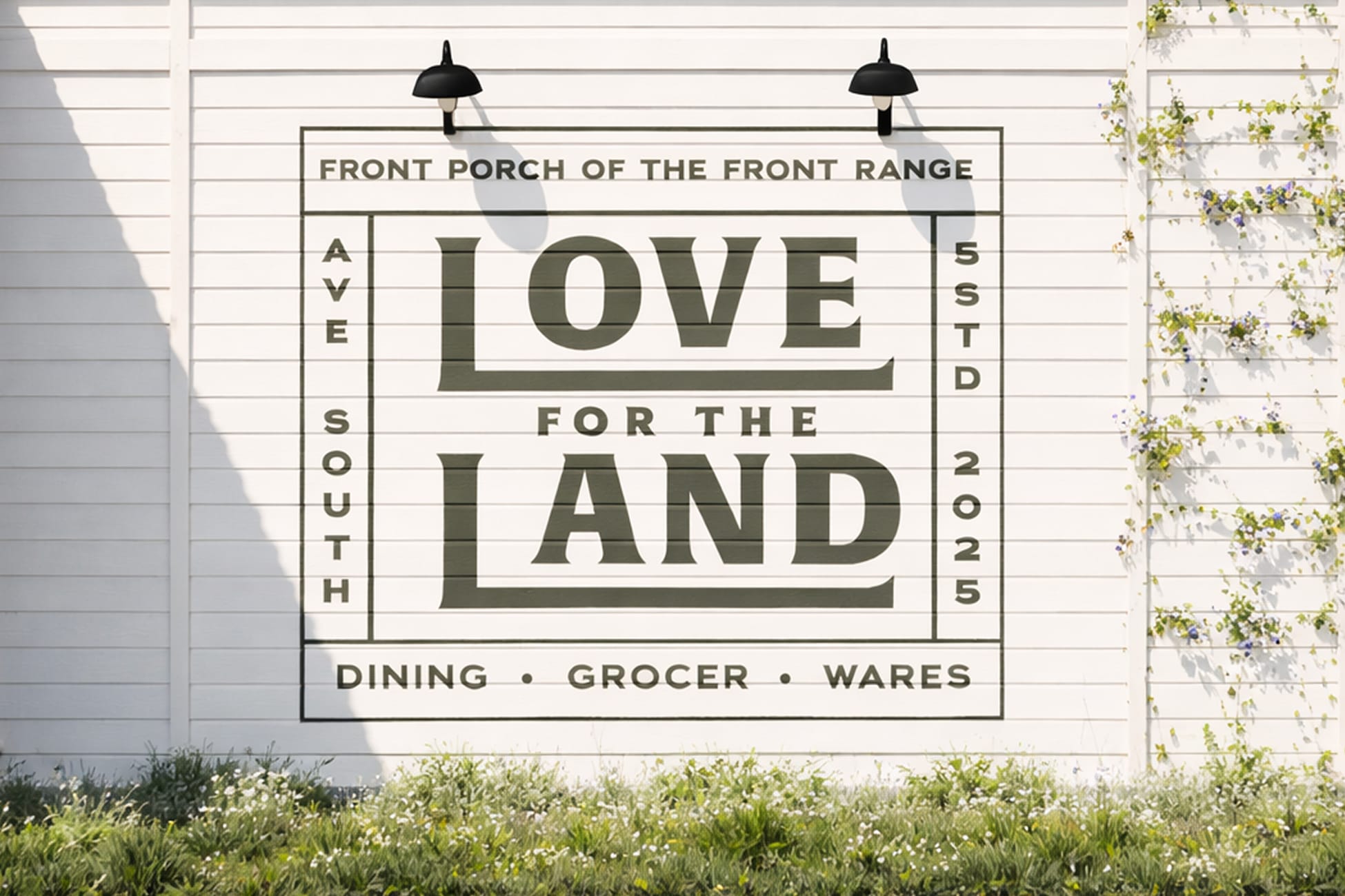 "Love for the Land" mural sign painted on white shiplap building exterior with wall sconces and climbing vines, environmental graphic design by RSM Design.