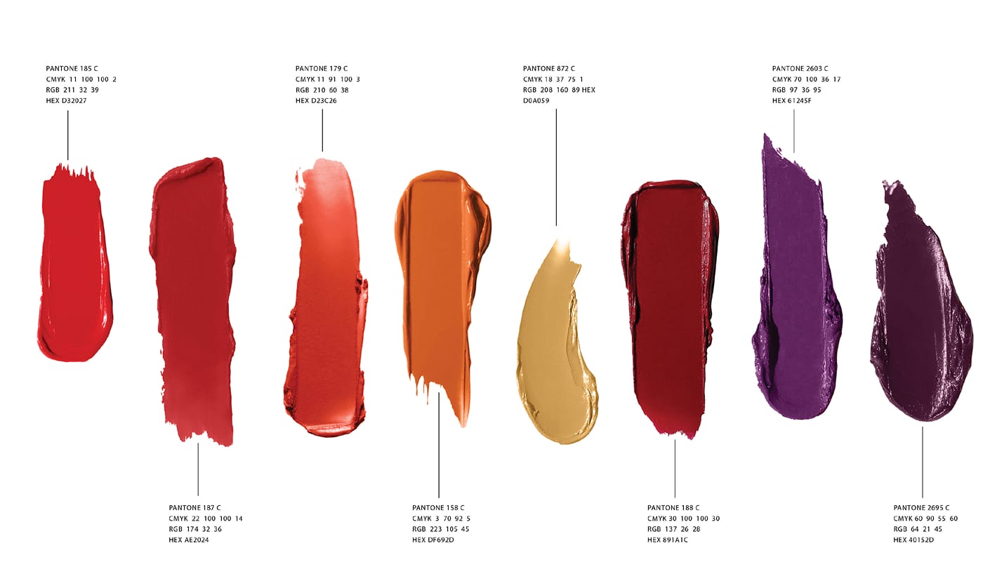 River Oaks District Houston brand color palette study with lipstick swatches and Pantone codes, brand identity design by RSM Design