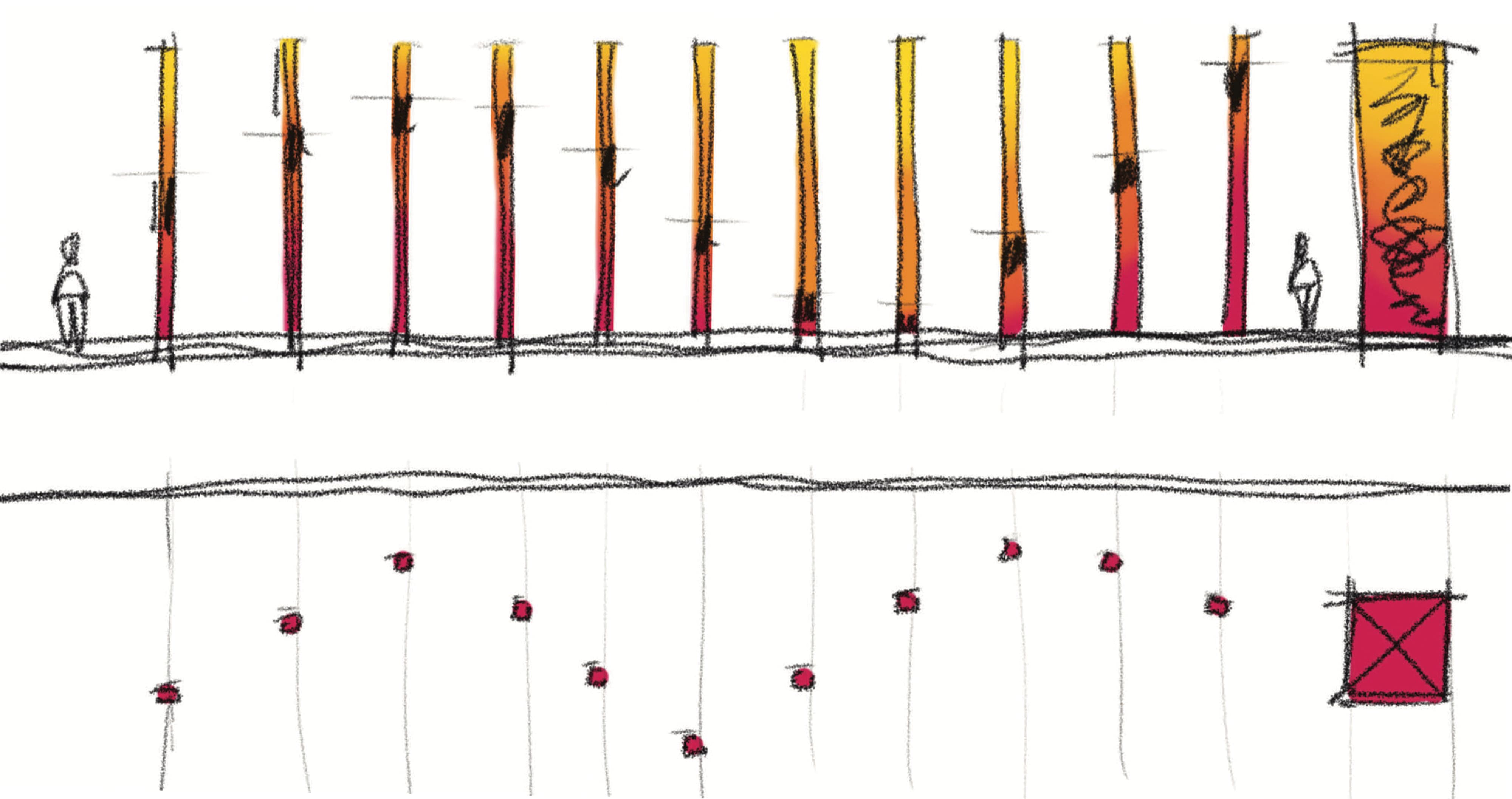 A sketch rendered in pencil and copic markers showing twelve illuminated pylons in relative scale with two human figures. The rightmost pylon is wider than the others, and has pencil scribbles indicating where text can be placed. The pylons are colored with vertical yellow-to-red linear gradients, which have varrying midpoint heights so that some have more yellow and others have more red. A second diagram calls attention to the gradient midpoints.