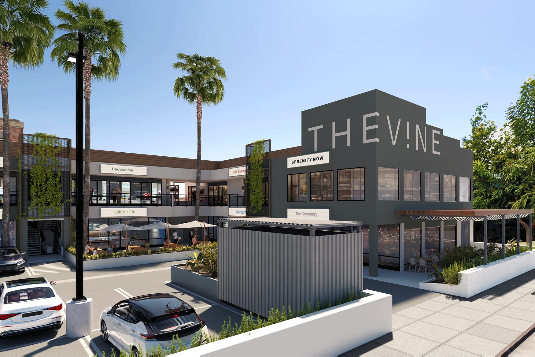The Vine retail center in Los Angeles featuring contemporary storefront architecture, tenant signage, outdoor dining, and palm-lined pedestrian spaces within a mixed-use commercial development designed by RSM Design.