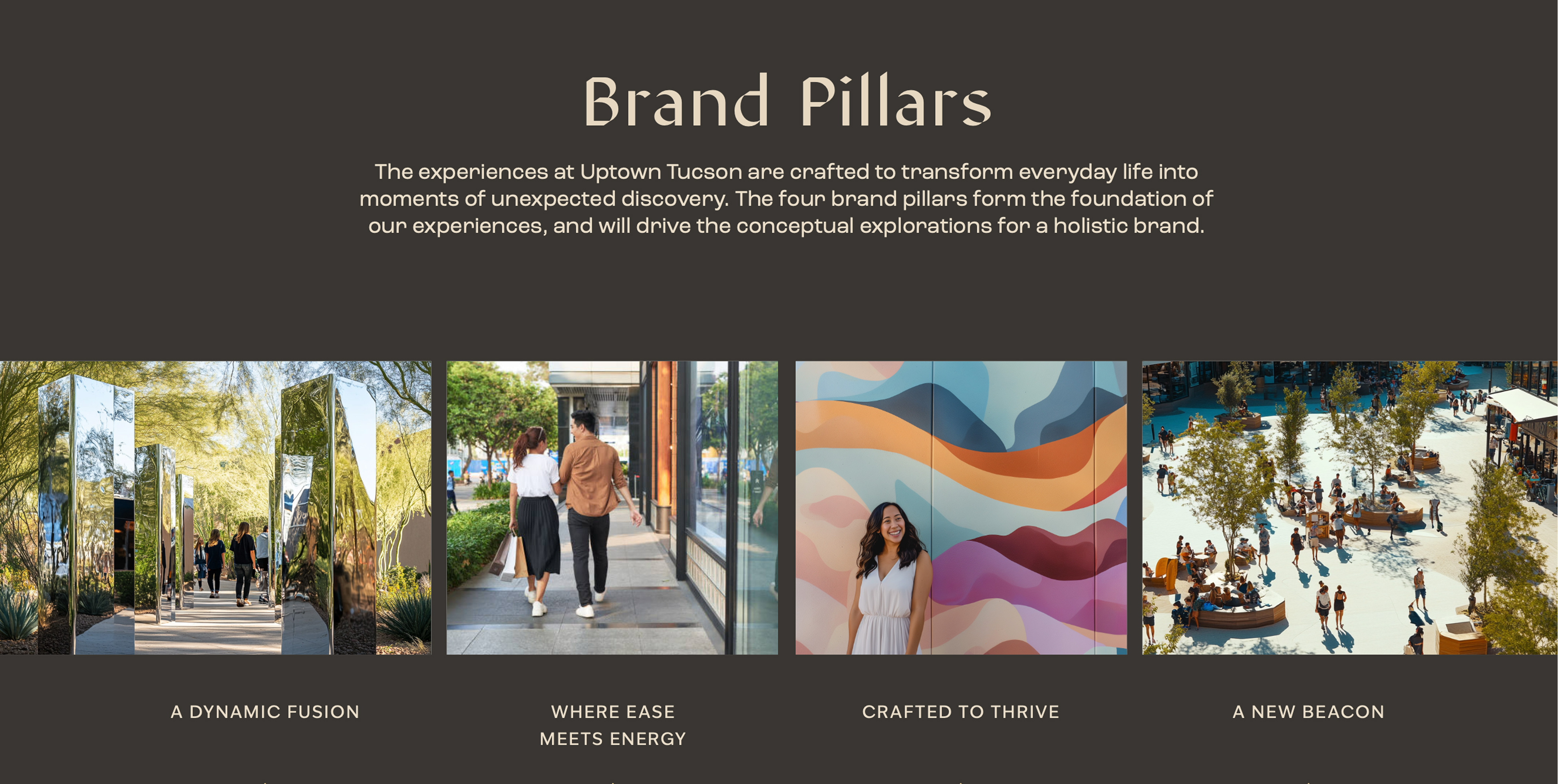 Uptown Tucson brand pillars presentation slide with four photos, mirrored art columns, shoppers on a sidewalk, a woman by a mural, and an aerial plaza view, branding by RSM Design