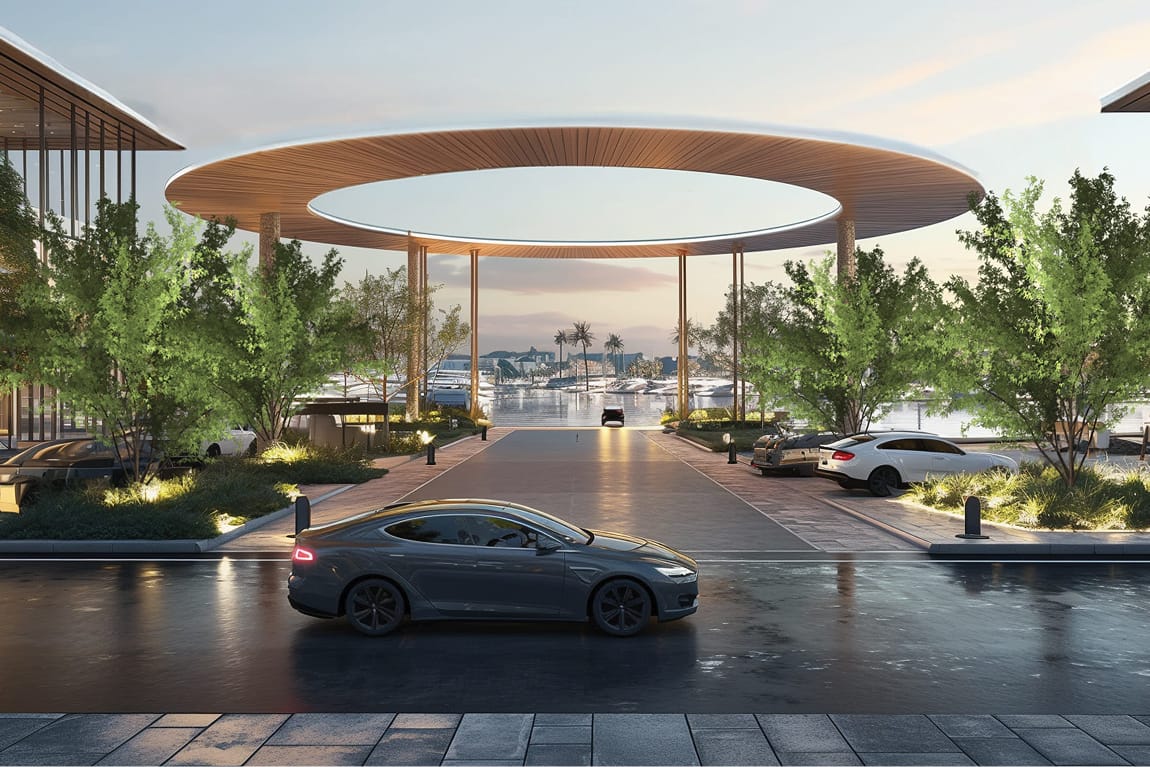 RSM Design Ramhan Island Marina Abu Dhabi — luxury hotel drop-off with circular floating timber canopy, landscaped arrival drive, and marina waterfront views beyond