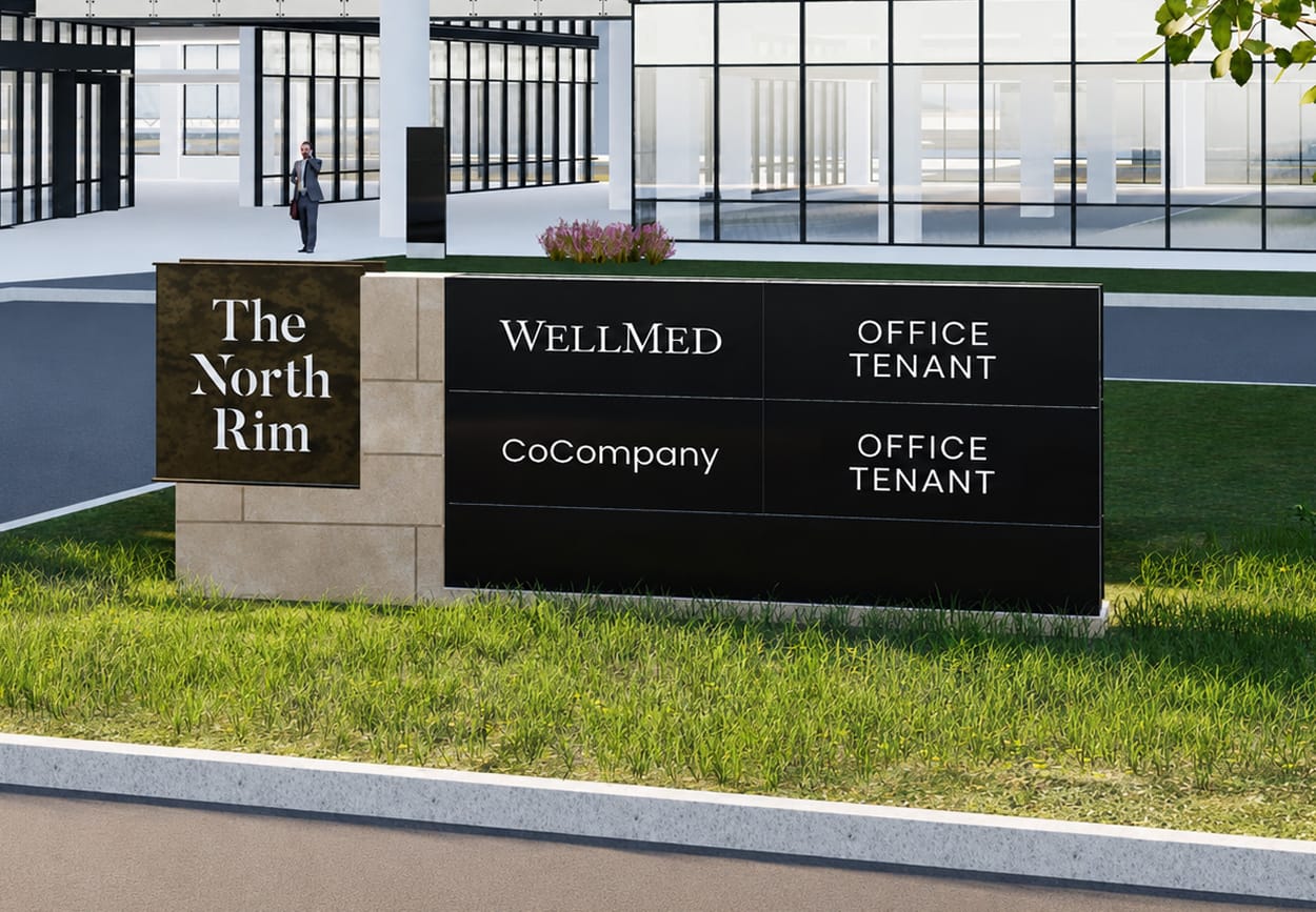 The North Rim office park entry monument and tenant sign rendering, wayfinding design by RSM Design
