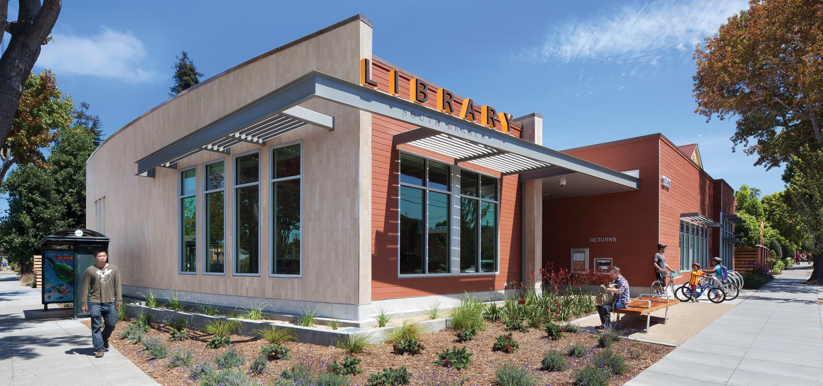 Berkeley Public Library South Branch. Our team developed a friendly and informative system of signage and placemaking elements in both the interior and exterior, our scope included identity and wayfinding signage.