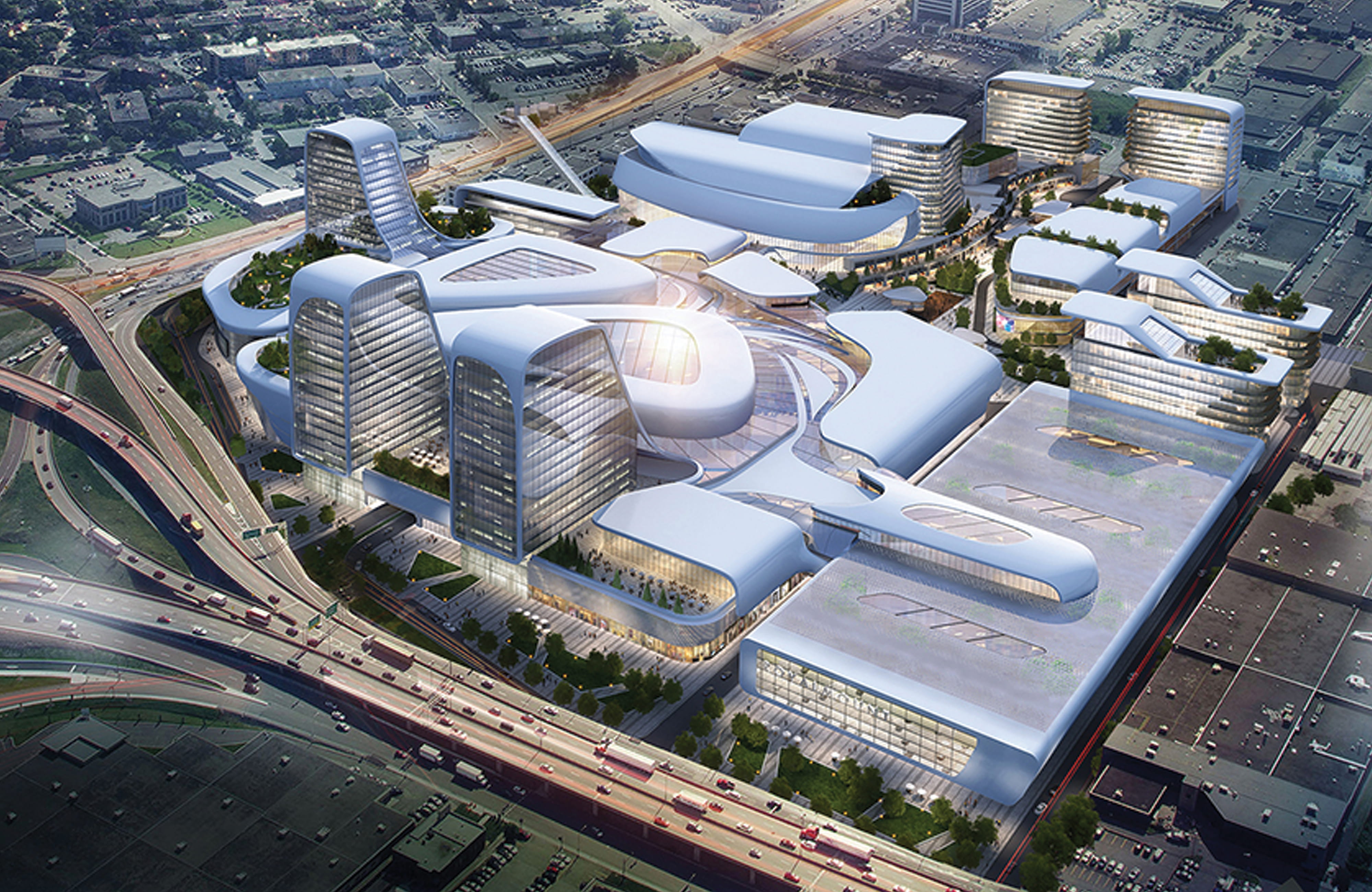 An aerial architectural rendering of a sweeping futuristic mixed-use development featuring fluid white curvilinear towers, a luminous central atrium structure, interconnected retail and hospitality podiums, rooftop green spaces, structured parking, and active streetscapes at dusk — illustrating RSM Design's wayfinding and signage design, master sign programs, placemaking, and environmental graphic design services applied at a landmark district scale within the mixed-use, hospitality, retail, and international markets
