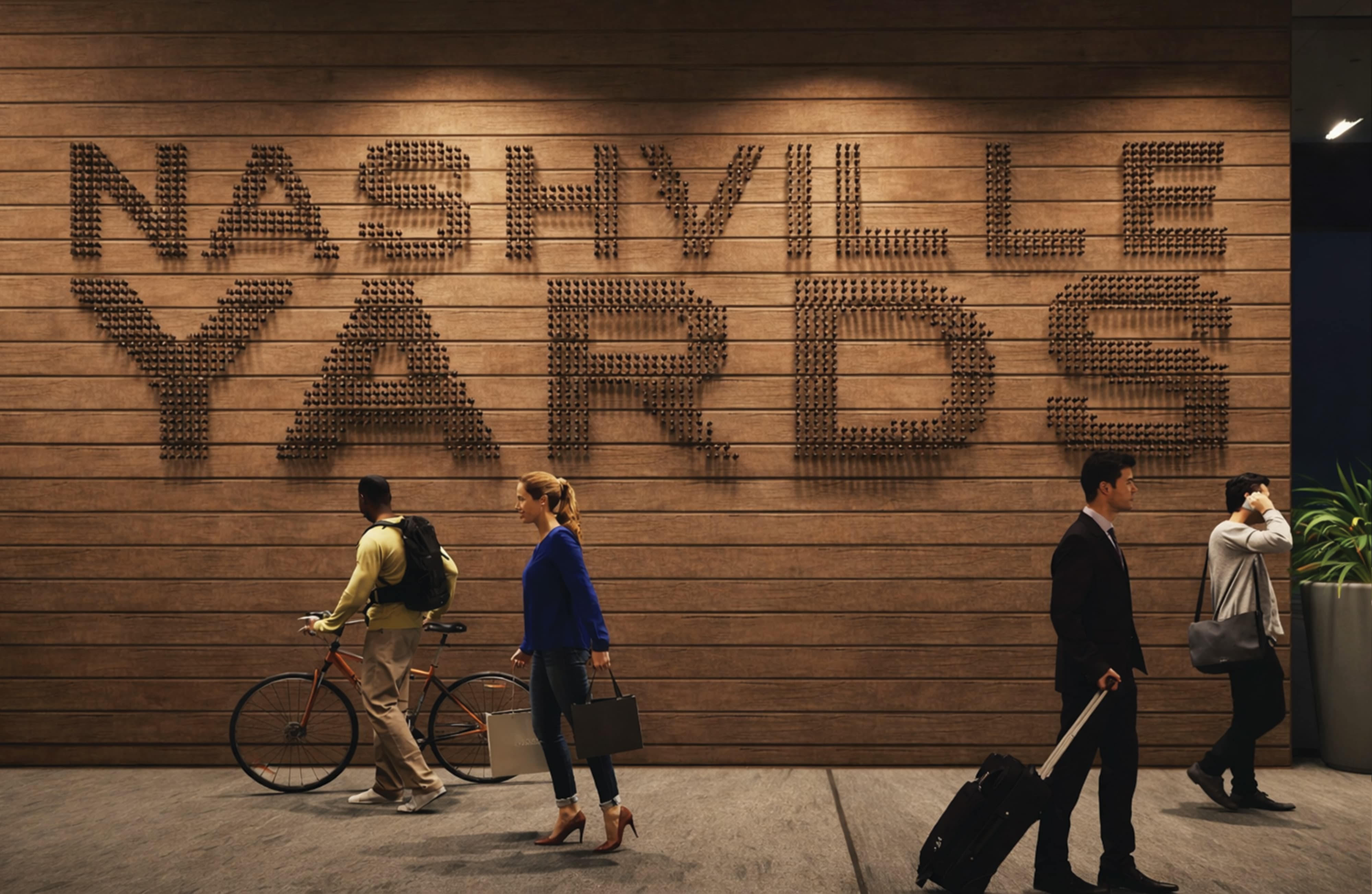 Architectural rendering of a textured wood lobby wall with "Nashville Yards" spelled in dimensional nail-head lettering as pedestrians and cyclists pass by, showcasing specialty graphics and experiential graphic design for a mixed-use workplace environment by RSM Design.