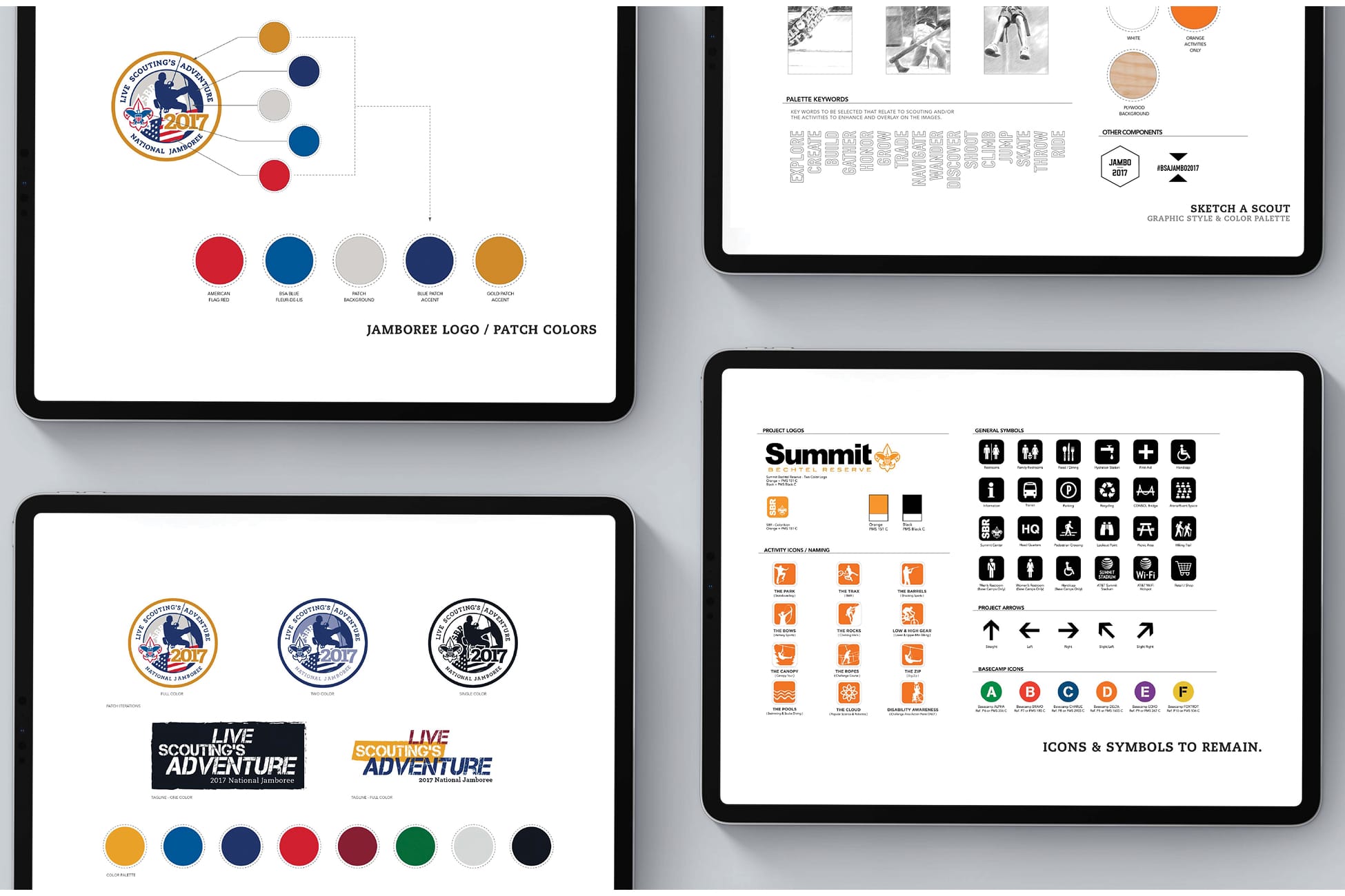 Summit Bechtel Reserve and 2017 National Scout Jamboree brand identity style guides displayed on tablets, showing logo variations, color palettes, activity icons, and wayfinding symbols, environmental graphic design by RSM Design