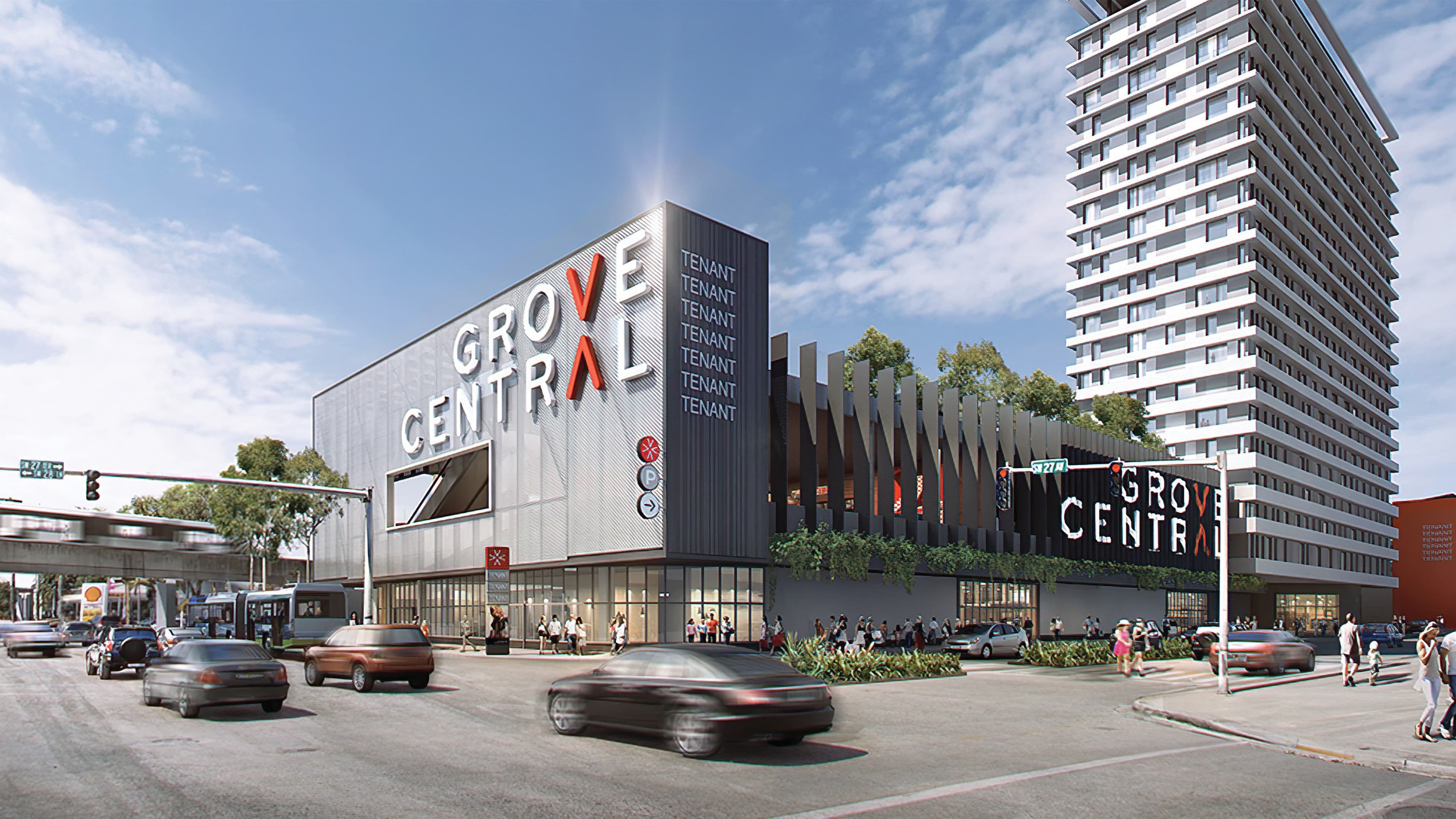 A rendering of architecture featuring large, bold identity signage.