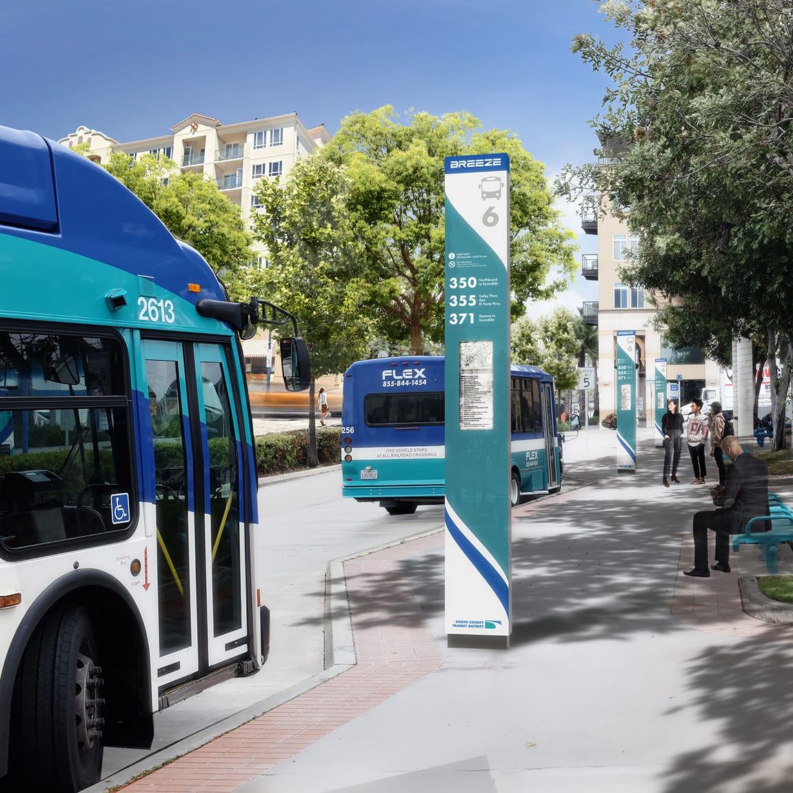 Rendering of a tall teal and white 'Breeze' bus stop sign displaying route 6 information and a system map, with Breeze and Flex buses parked at the curb, pedestrians waiting on benches, and the North County Transit District logo at the base.