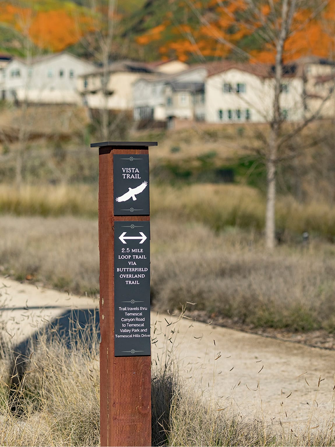 Wood post trail marker for "Vista Trail" with mileage and route information overlooking the Terramor neighborhood - environmental graphic design by RSM Design