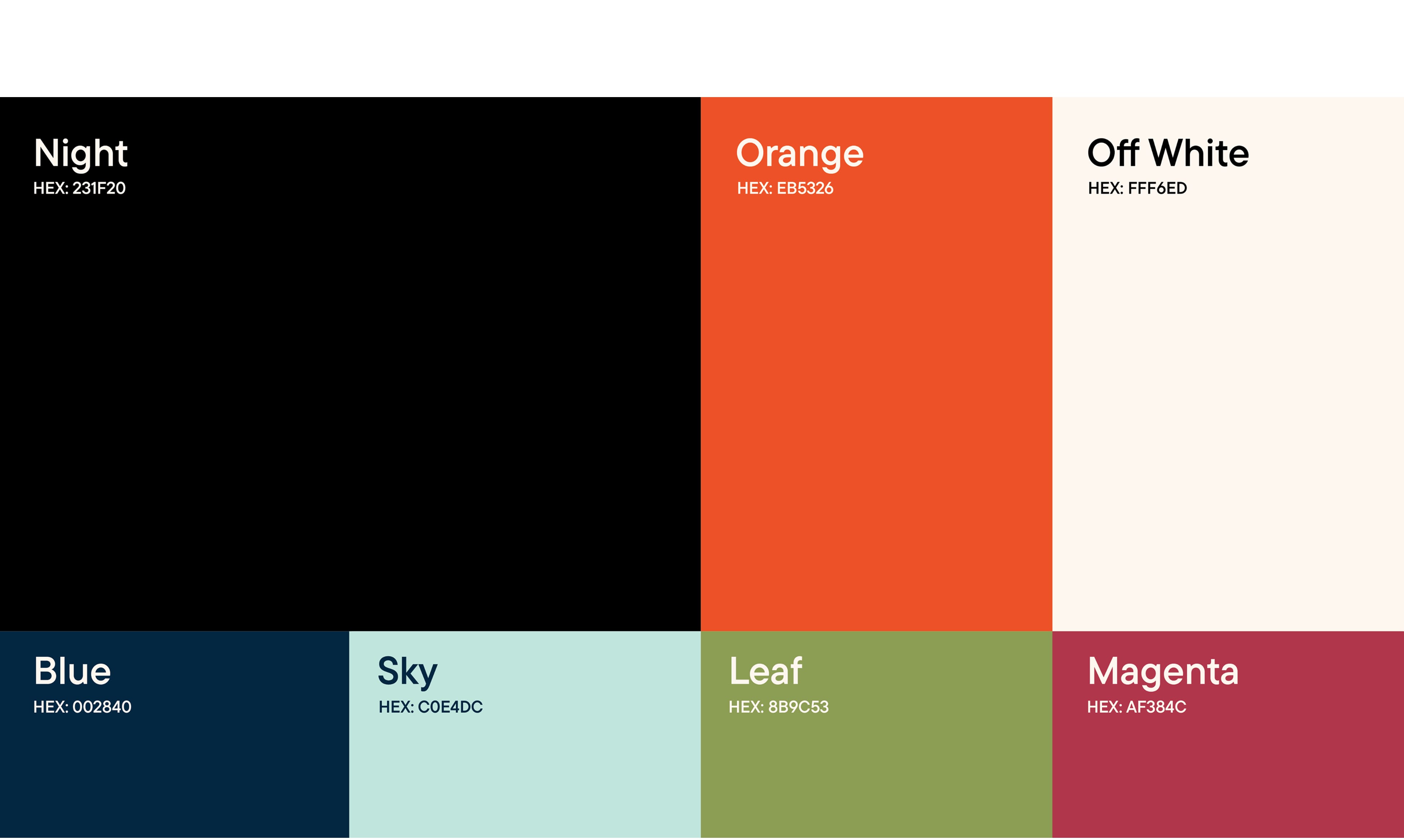 Brand color palette swatches labeled "Night," "Orange," "Off White," "Blue," "Sky," "Leaf," and "Magenta" with corresponding hex codes — brand identity by RSM Design.