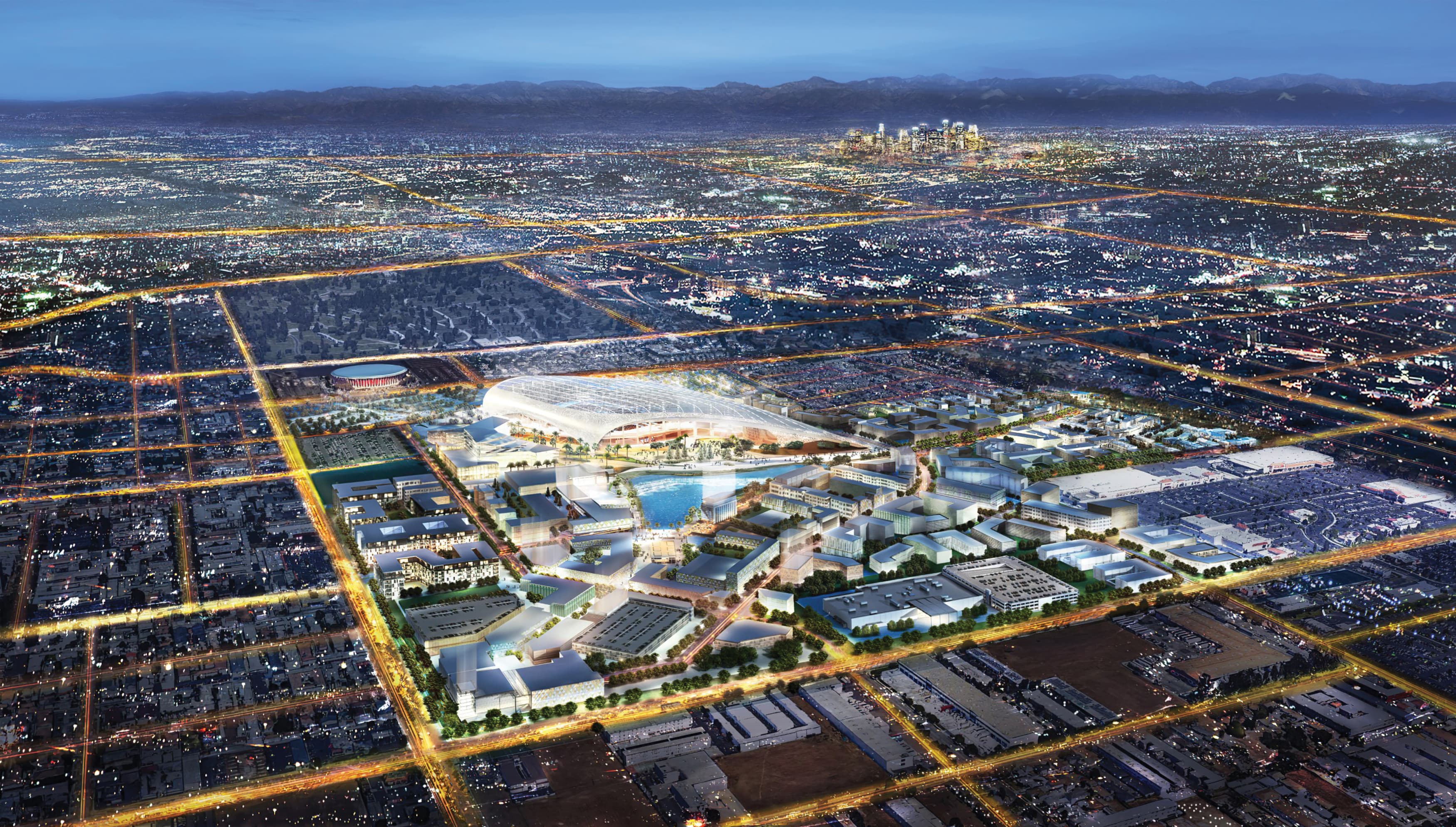 An aerial rendering of the Hollywood Park project, a mixed-use town center anchored by a 70,000 seat stadium.