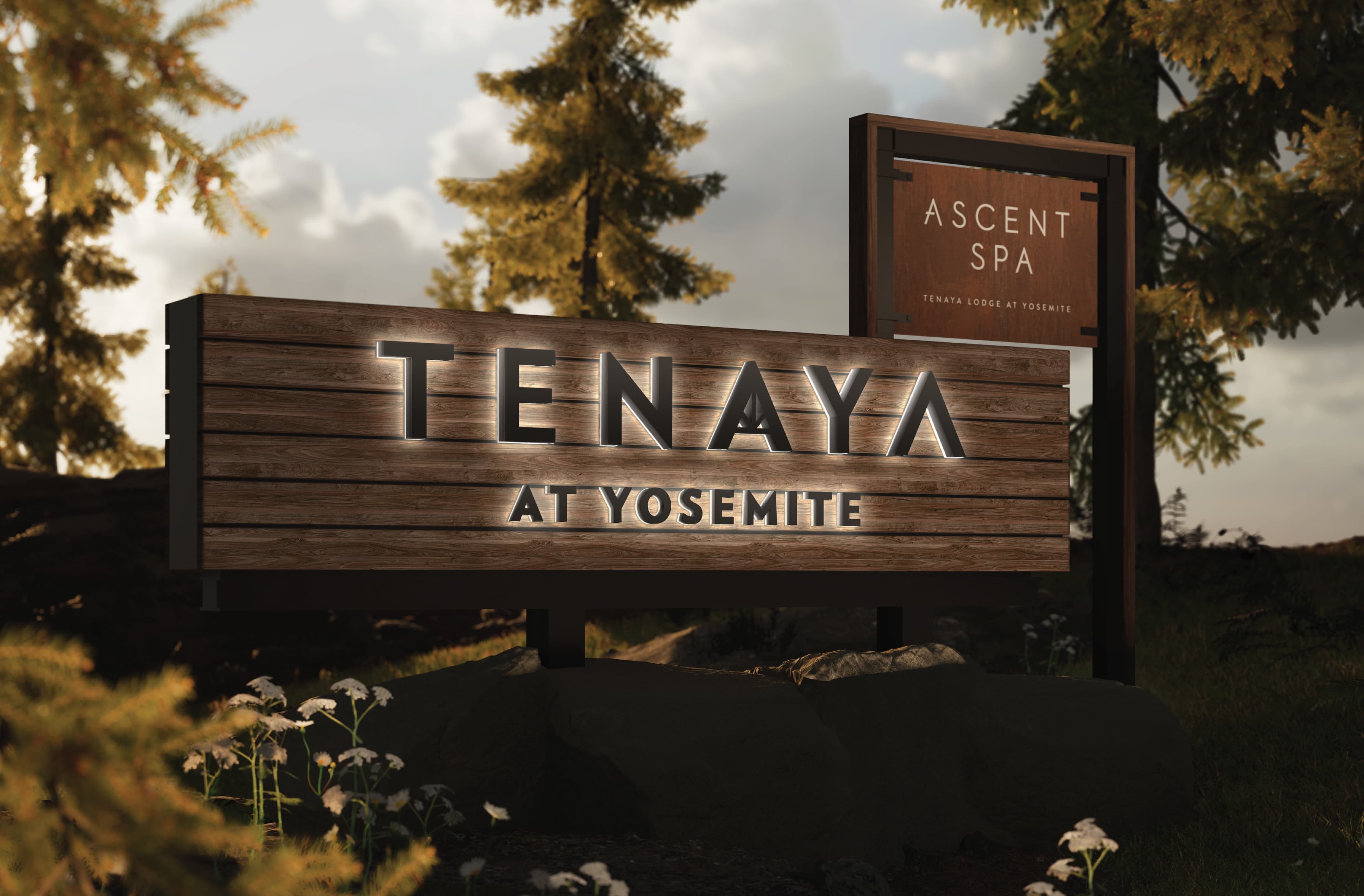 Wooden illuminated master sign at Tenaya at Yosemite hotel by RSM Design