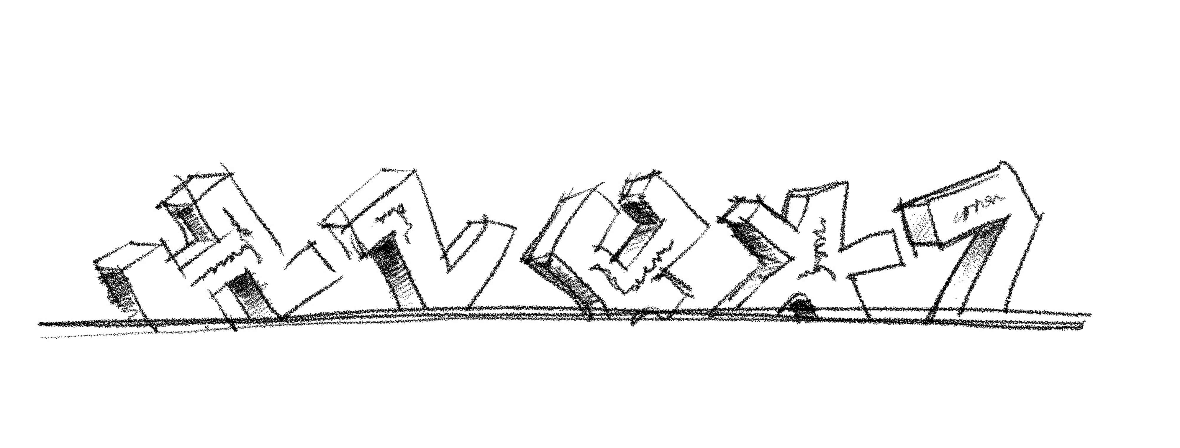 A pencil sketch of abstract (non-Latin) letterforms in a block lettering style, with 3D perspective and pencil shading. Scribbles on the letter faces indicate where the sculptures will be spray painted with graffiti art.