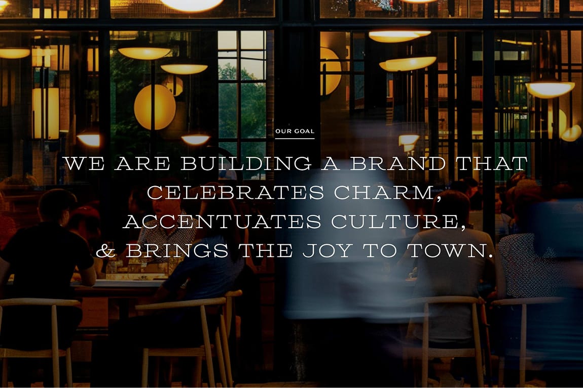 Staybolt Street brand mission statement graphic over restaurant interior — branding and environmental graphic design by RSM Design