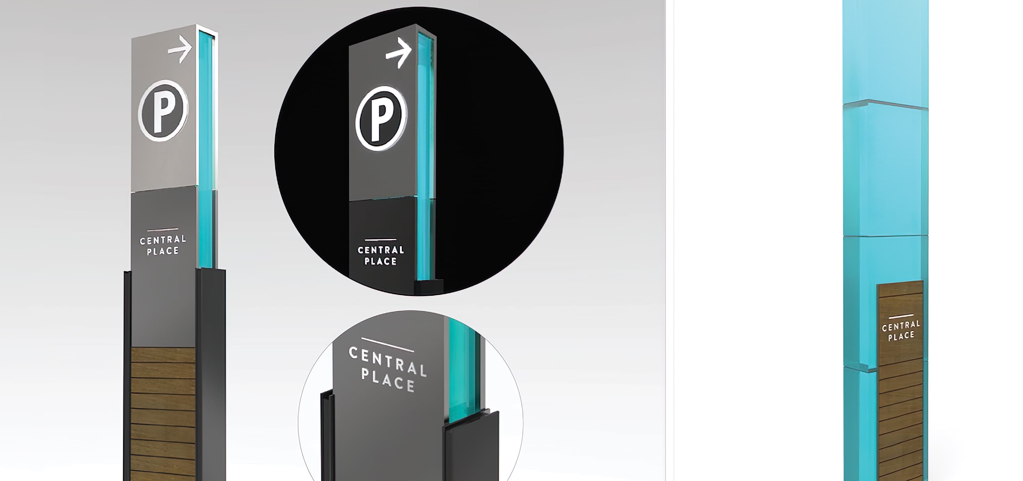 Central Place, a mixed-use project in Rosslyn, Virginia. RSM Design prepared a wayfinding and signage system. Vehicular Wayfinding Signage. Parking Garage Signage.