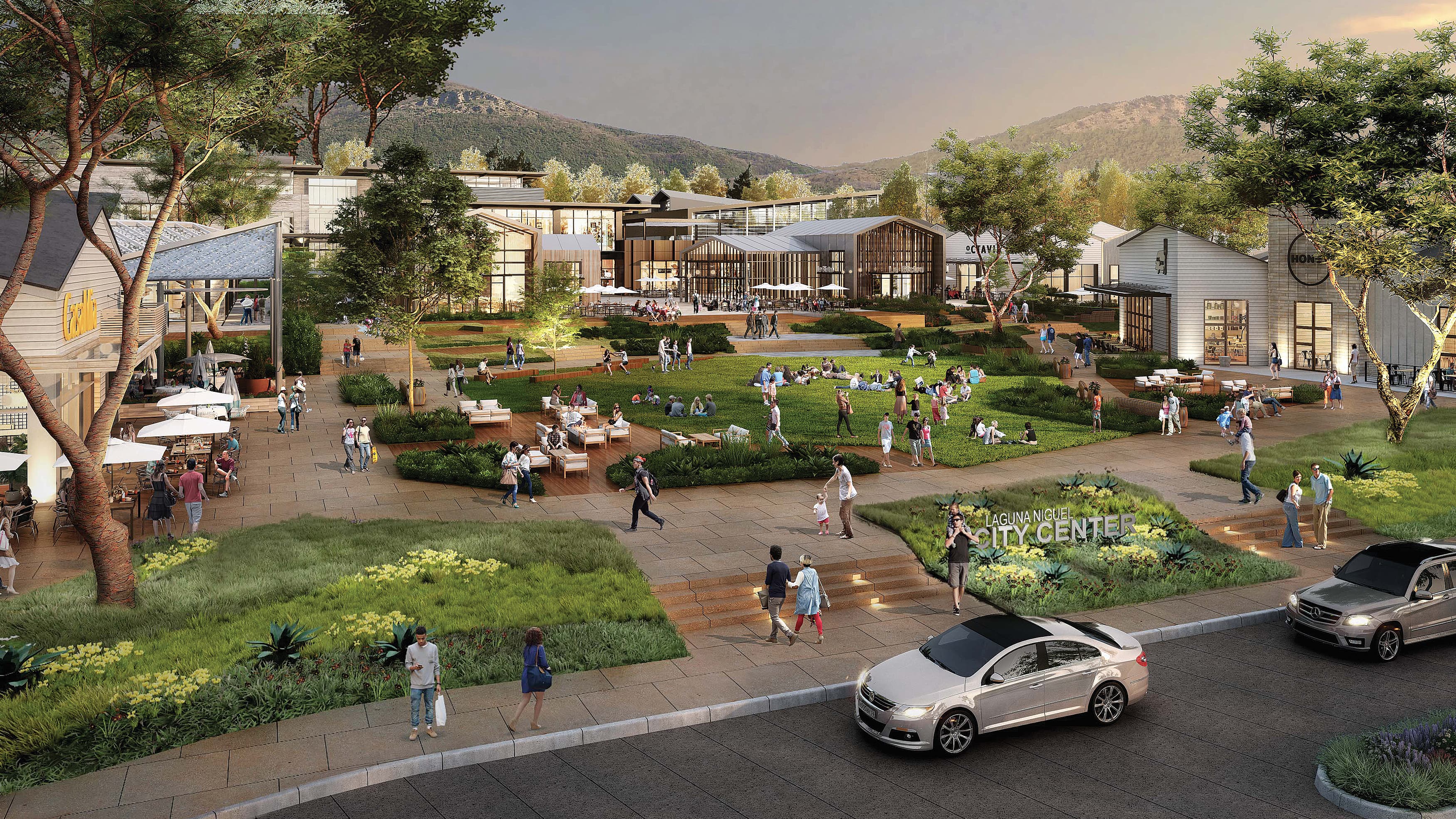 Aerial rendering of a new retail, dining, and community center in Laguna Niguel.