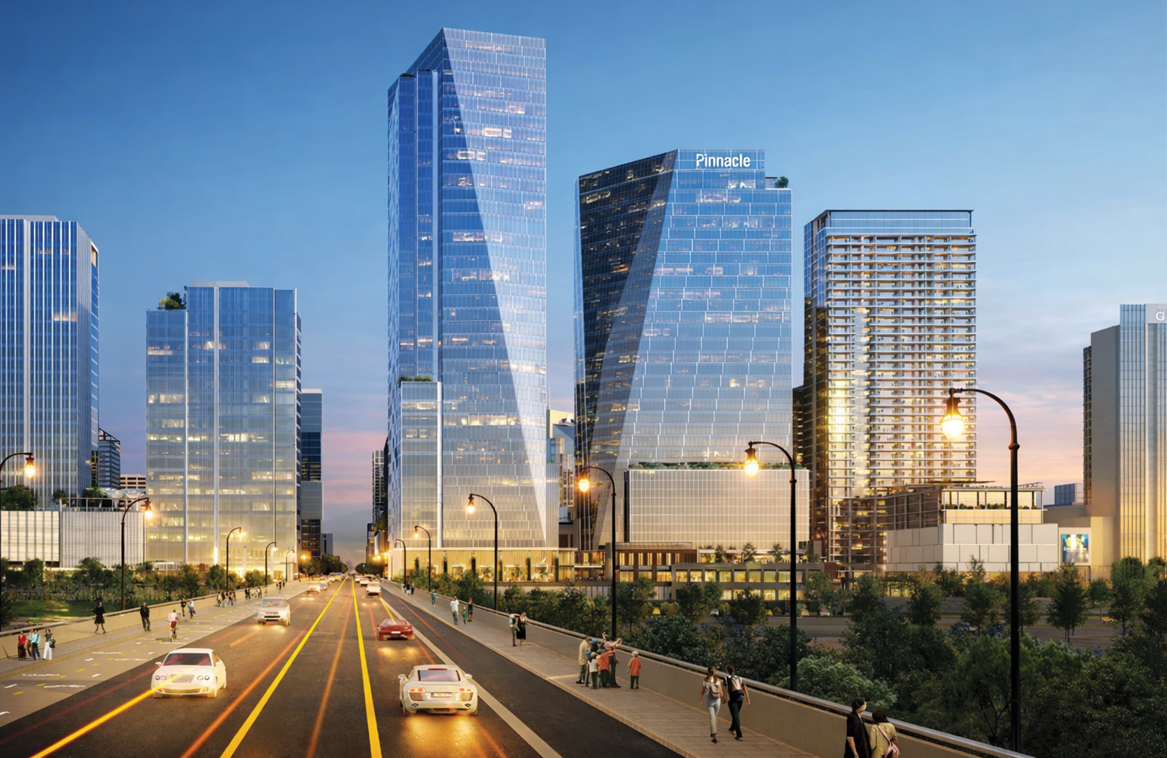 Architectural rendering of a mixed-use urban development featuring high-rise towers with rooftop building signage for Pinnacle along a bustling streetscape at dusk, illustrating master sign program and placemaking design for a mixed-use and workplace environment by RSM Design.