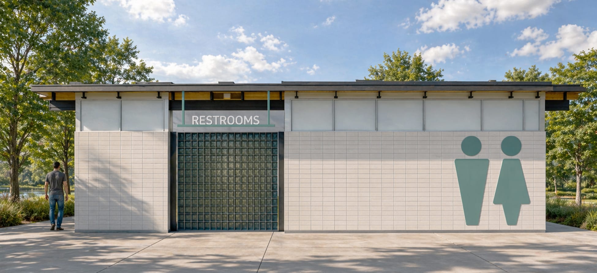 Exterior rendering of a modern restroom building at Grand Park featuring light tile cladding, a glass block wall, teal restroom icons, and a flat roof with wood soffit detailing.