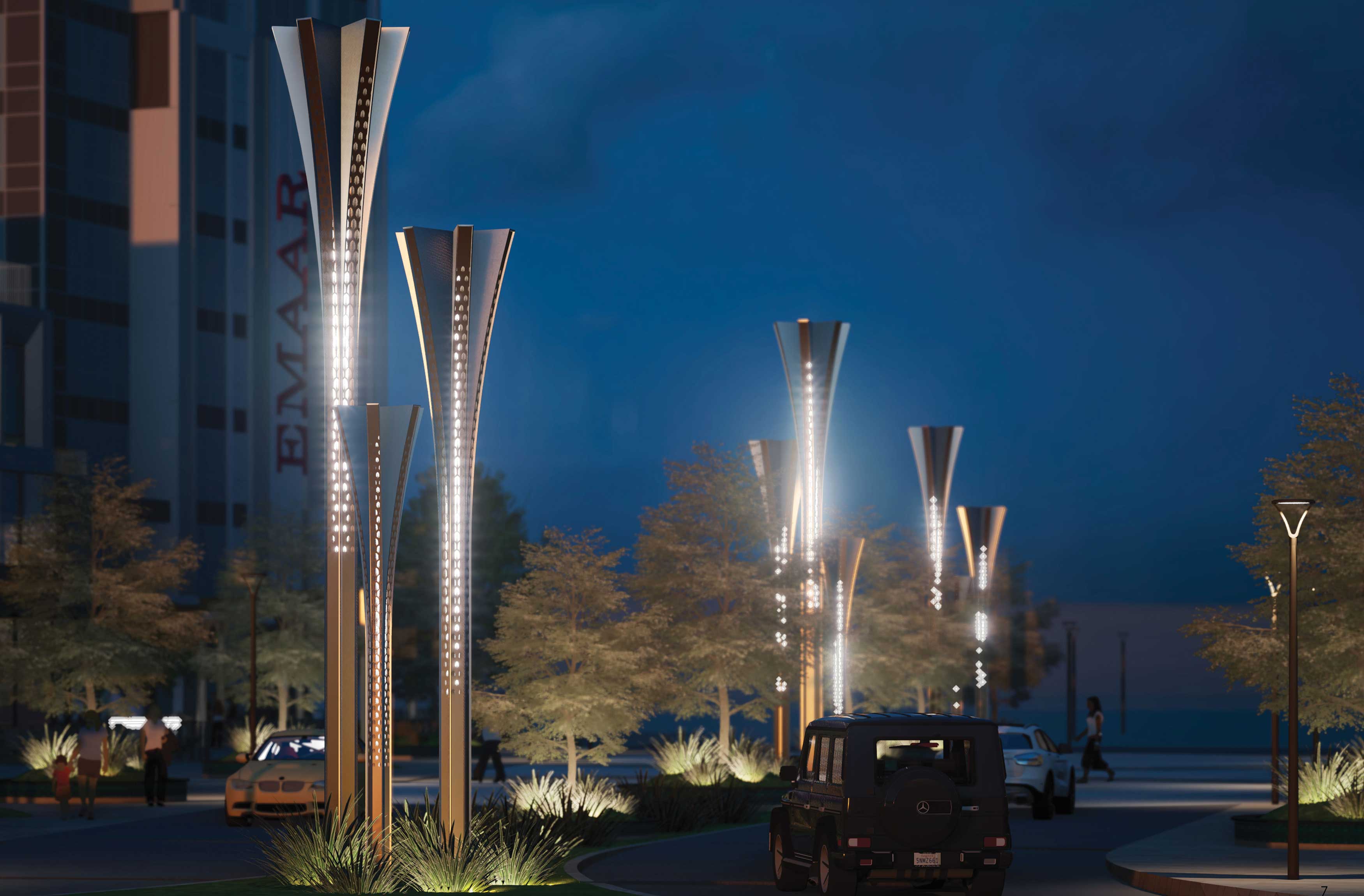 Placemaking with lighting and sculptural design for Cairo Gate in Egypt. Designed by RSM Design. 