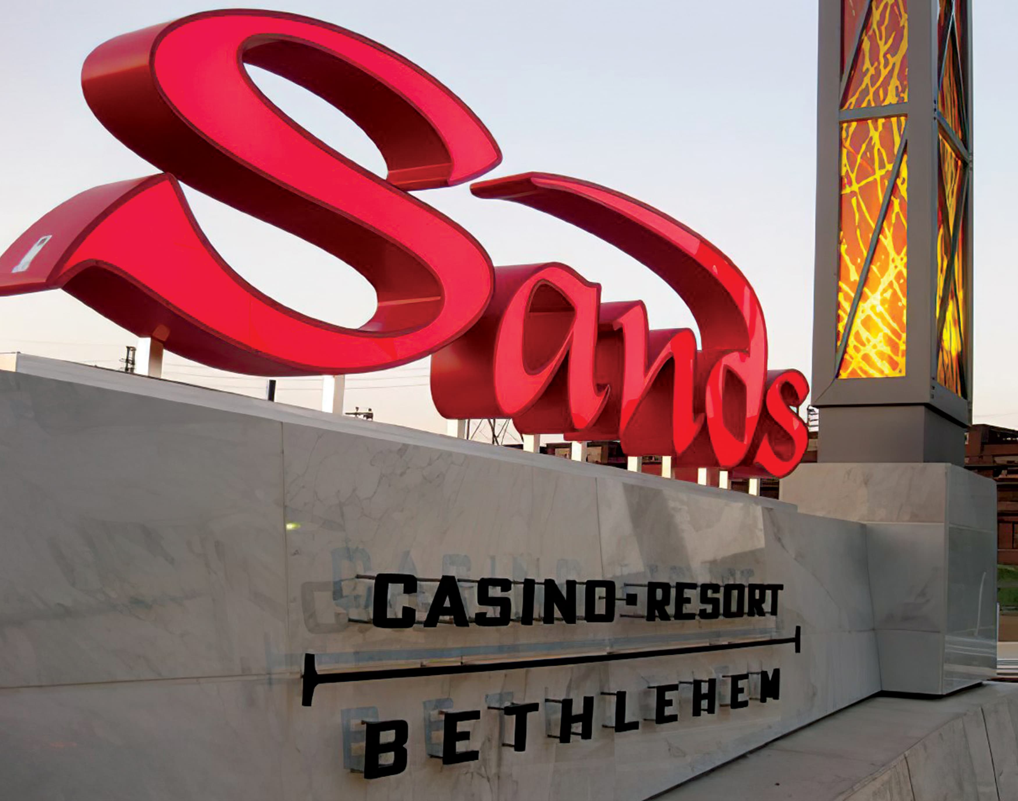 A detail photograph of an illuminated monument sign at Sands Casino Resort Bethlehem.