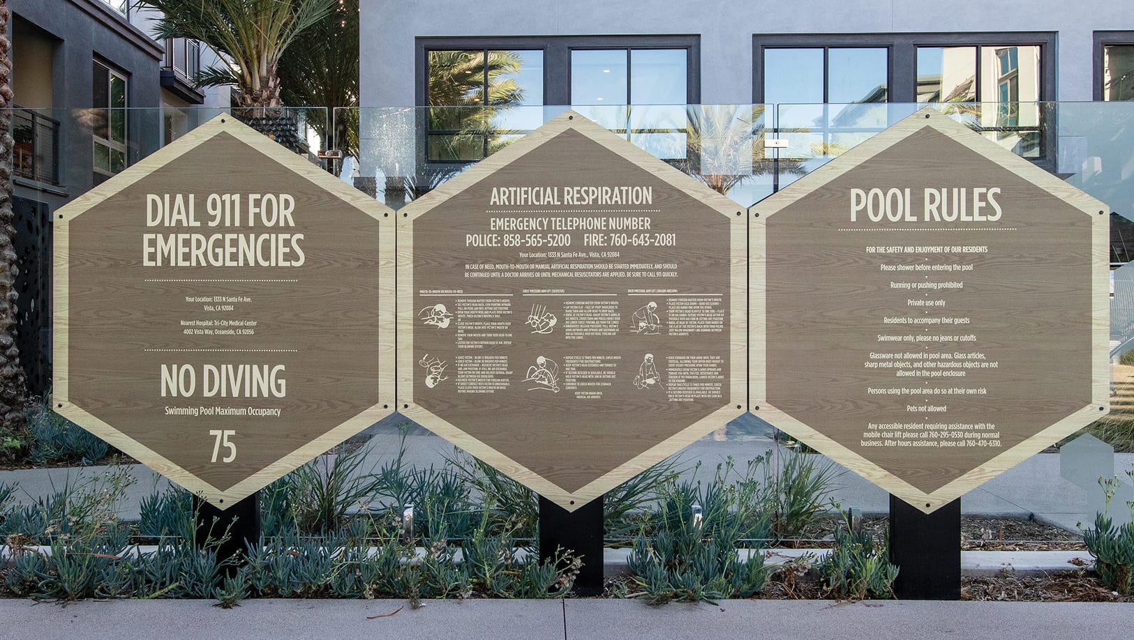 Persea residential community hexagonal pool rules and emergency signage, wayfinding design by RSM Design