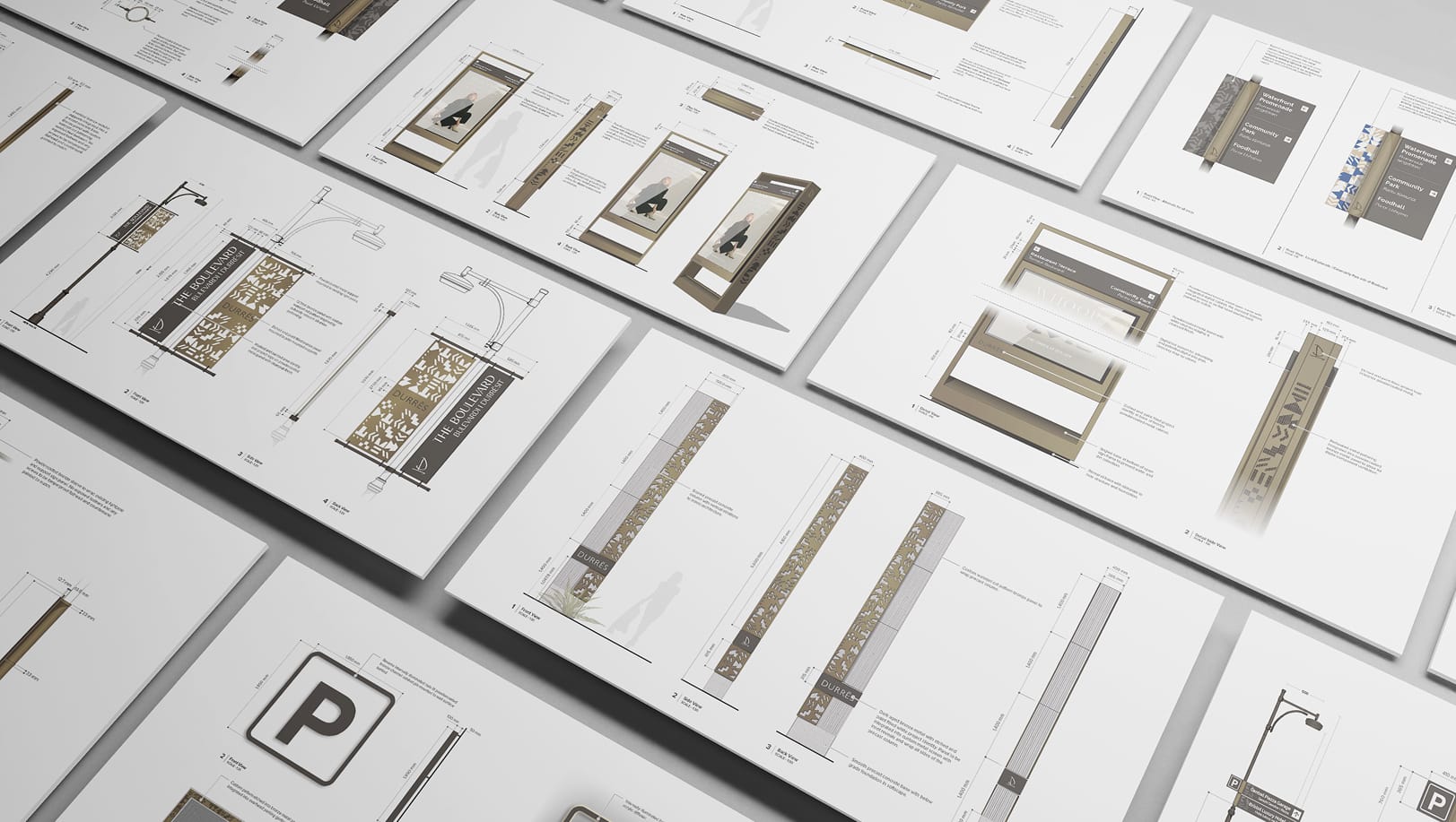 Wayfinding design documentation showcasing signage types, materials, and dimensions, illustrating a comprehensive system developed for clarity, consistency, and integration across the project.