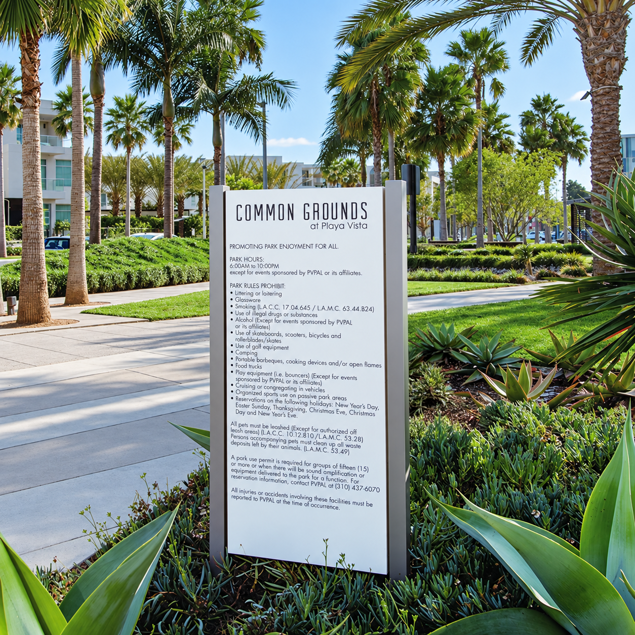 Park rules signage reading "Common Grounds at Playa Vista," designed by RSM Design, listing hours and regulations, set among palm trees and landscaping along a walkway.