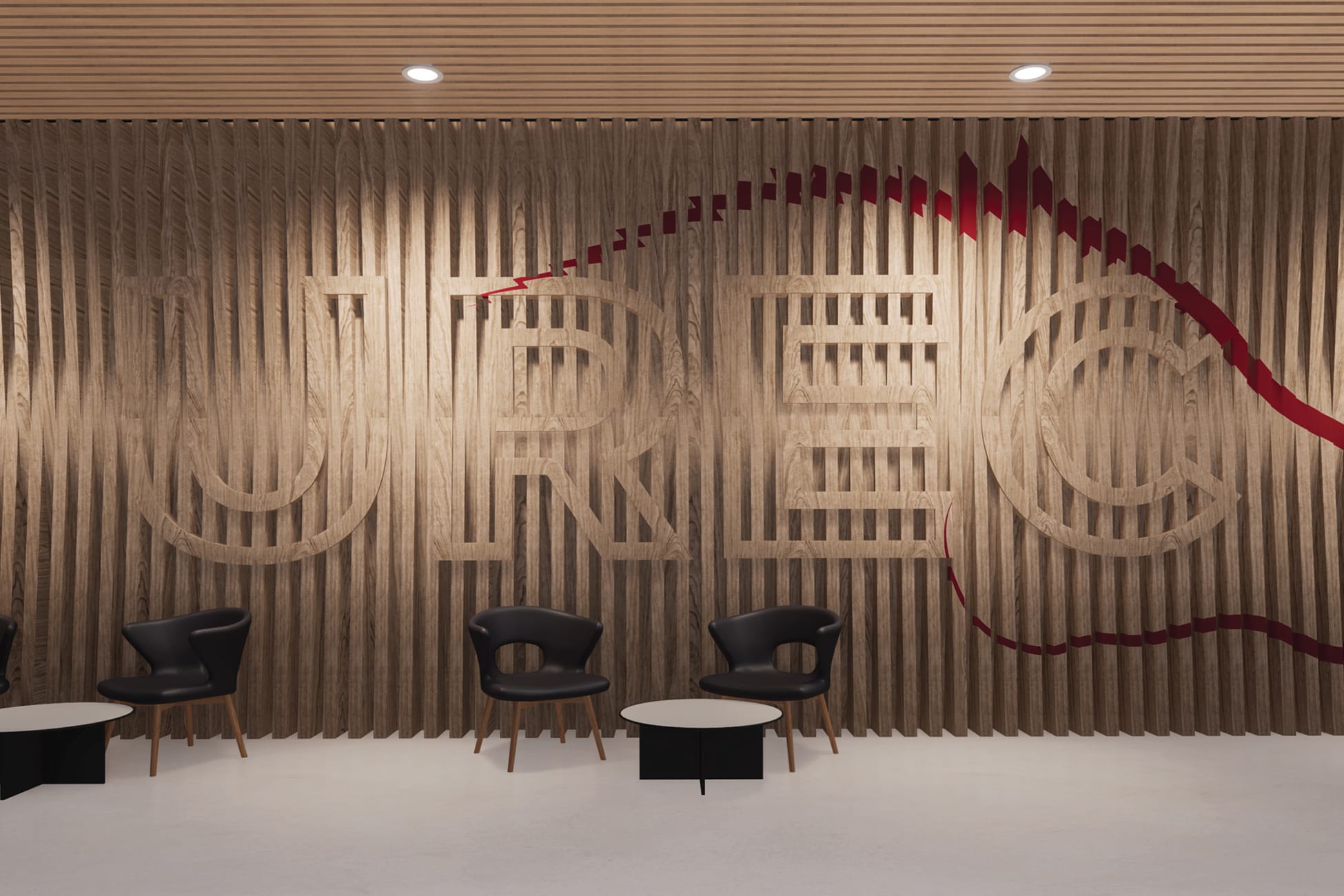 Architectural rendering of a lounge seating area in front of a floor-to-ceiling wood slat feature wall with the "UREC" logo carved or routed into the vertical planks, visible through subtle depth and shadow. A bold red sweeping graphic element, resembling a heartbeat or motion line, arcs across the wall. Three black lounge chairs and two small tables are arranged in front of the wall. A wood-slat ceiling with recessed lighting continues the warm material palette above.
