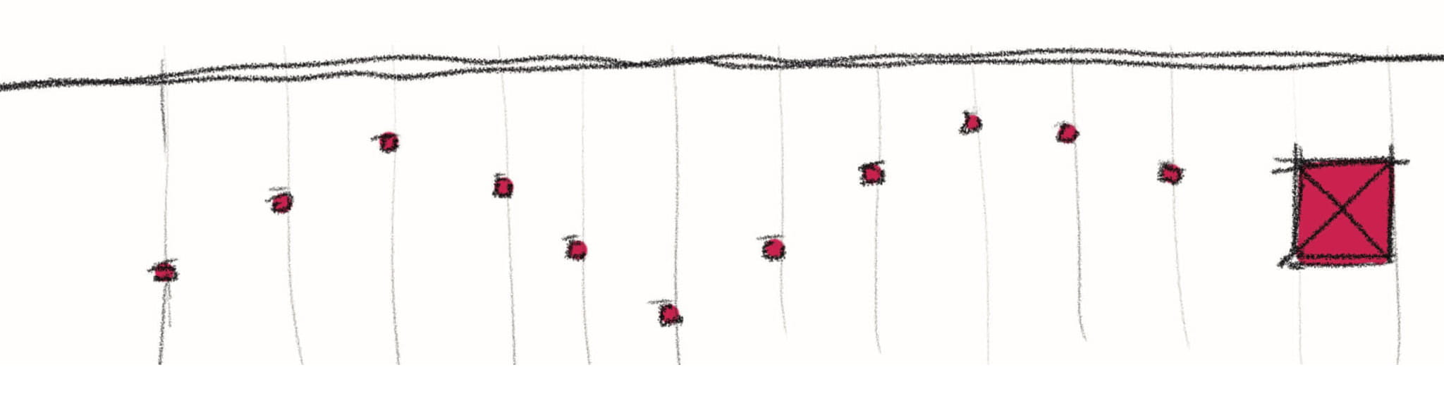 Concept sketch of suspended environmental graphic elements and lighting markers for Bel Air Village, illustrating RSM Design’s experiential design and wayfinding strategy for mixed-use retail, hospitality, and public space placemaking environments