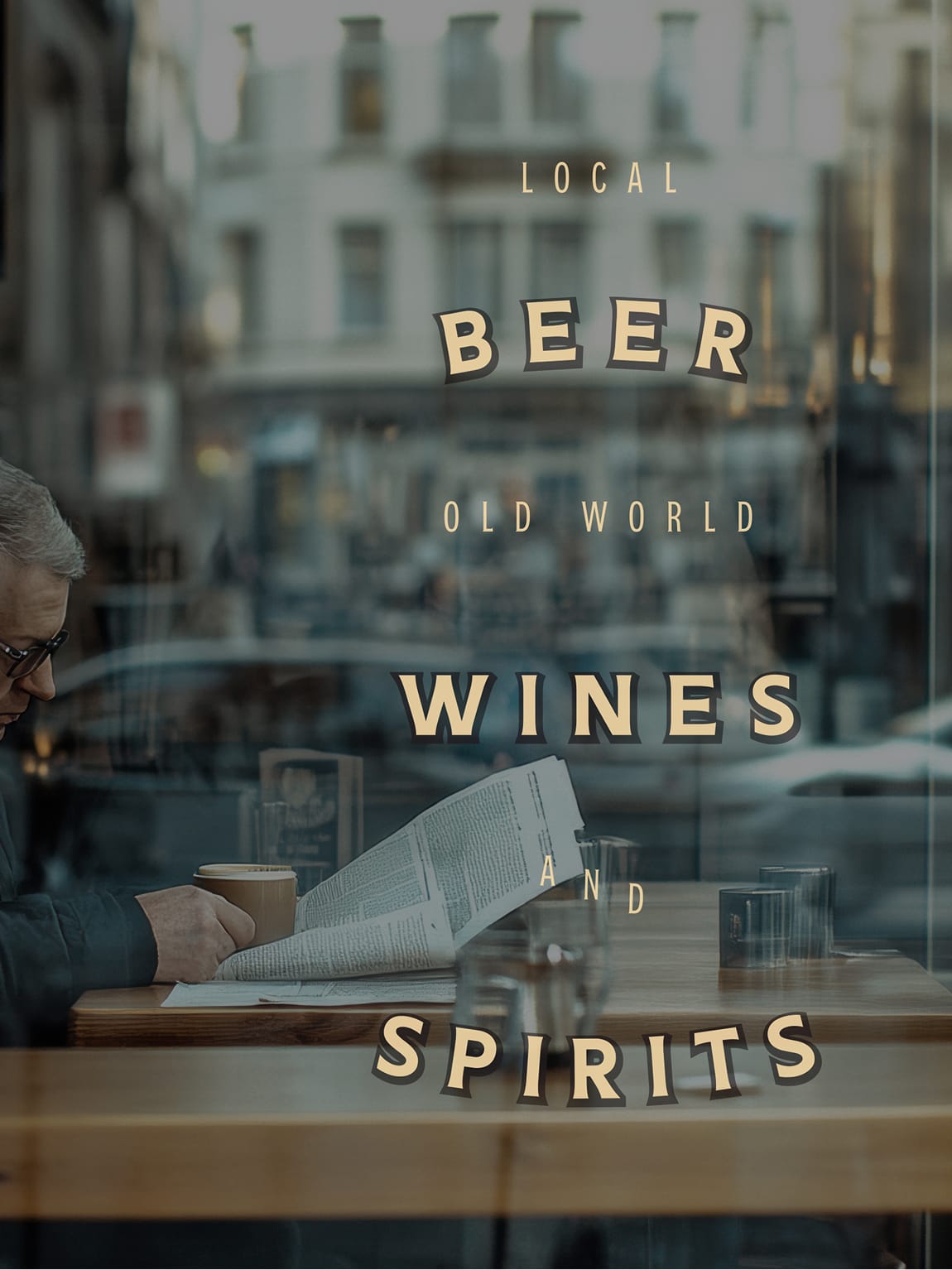 Heavenly Bodega café window graphics in San Diego featuring layered typography reading “Local Beer,” “Old World Wines,” and “Spirits,” applied to glass with a street scene and indoor seating visible beyond.