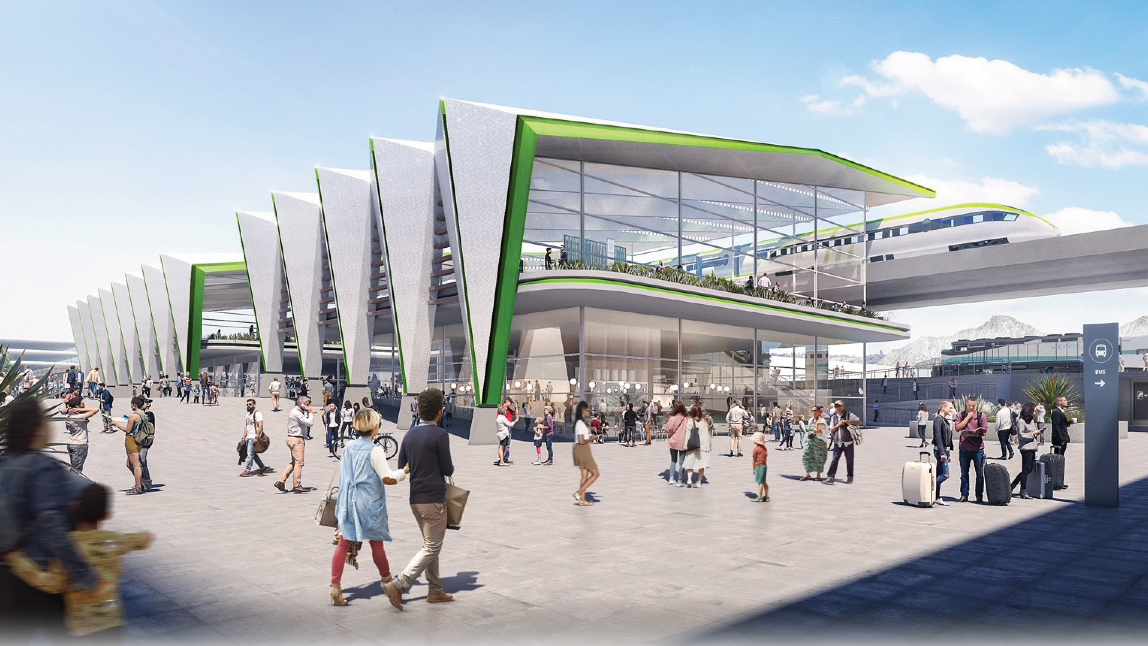 An architectural rendering of a large-scale transit hub featuring a bold white and green canopied multi-level station structure with a monorail passing overhead, a bustling pedestrian plaza filled with commuters and travelers, and a wayfinding post directing passengers to the bus connection at right — illustrating RSM Design's wayfinding and signage design, placemaking, and environmental graphic design services applied to the transit market