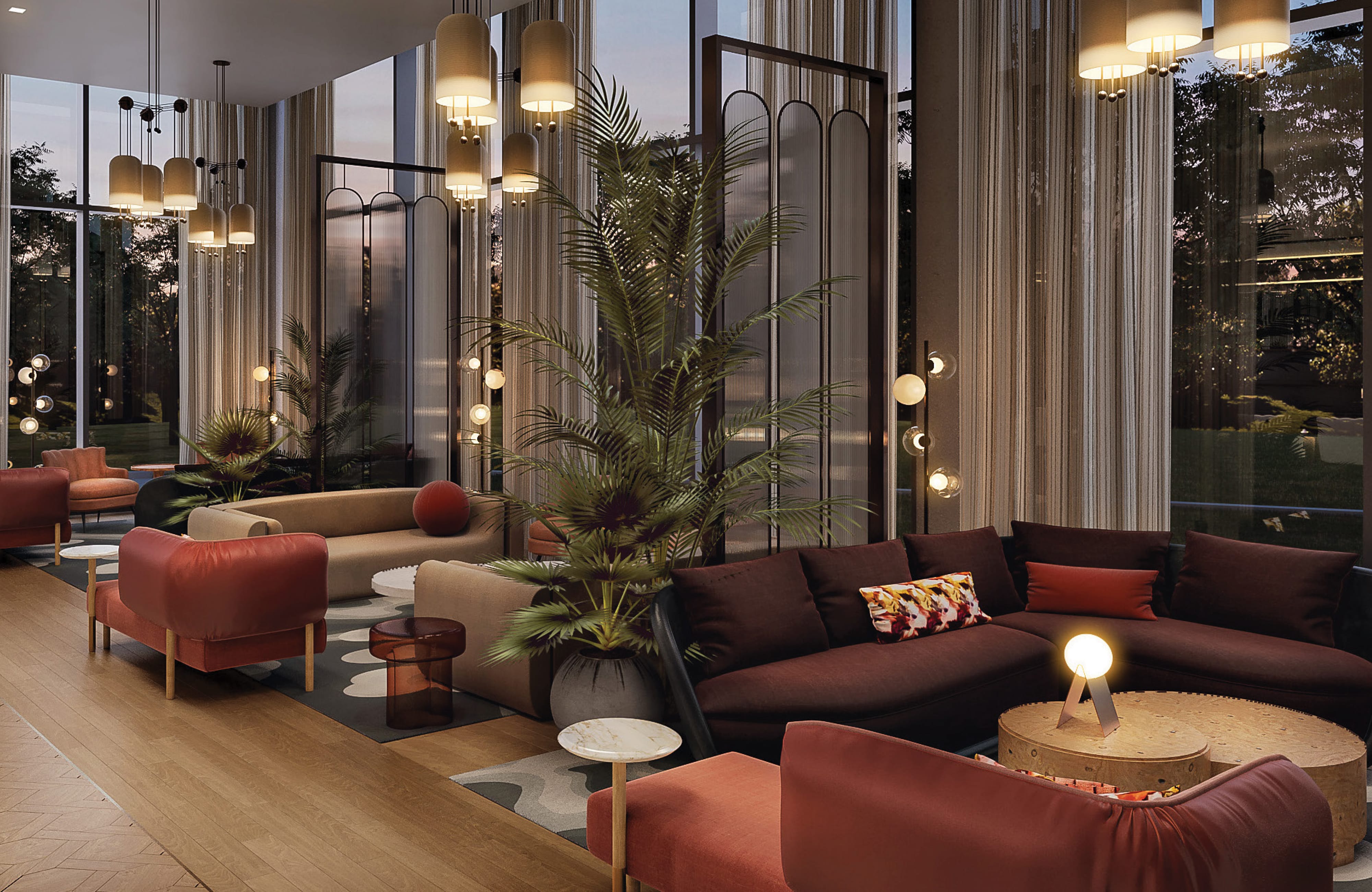Elegant hotel lobby lounge at dusk featuring deep burgundy and terracotta velvet sofas, lush tropical palm plants, herringbone hardwood floors, and warm pendant lighting against floor-to-ceiling glass windows at Crescent Hotel