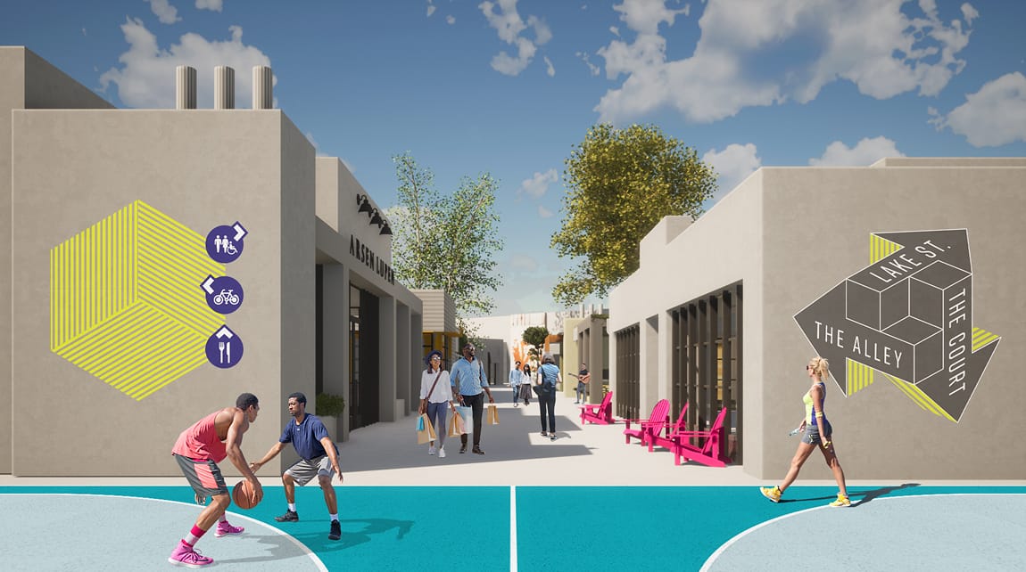 Hollywood Park architectural rendering of outdoor pedestrian paseo with large-scale site map mural, bold yellow graphic wayfinding signage directing visitors to Century Plaza, The Alley, Tanaka Plaza, and Hooper Plaza, Inglewood, California