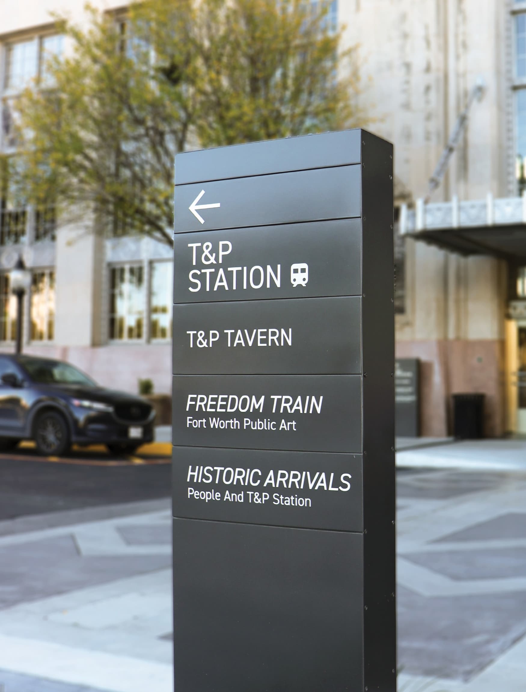 Detail image of the T&P Station directional signage, designed by RSM Design. 
