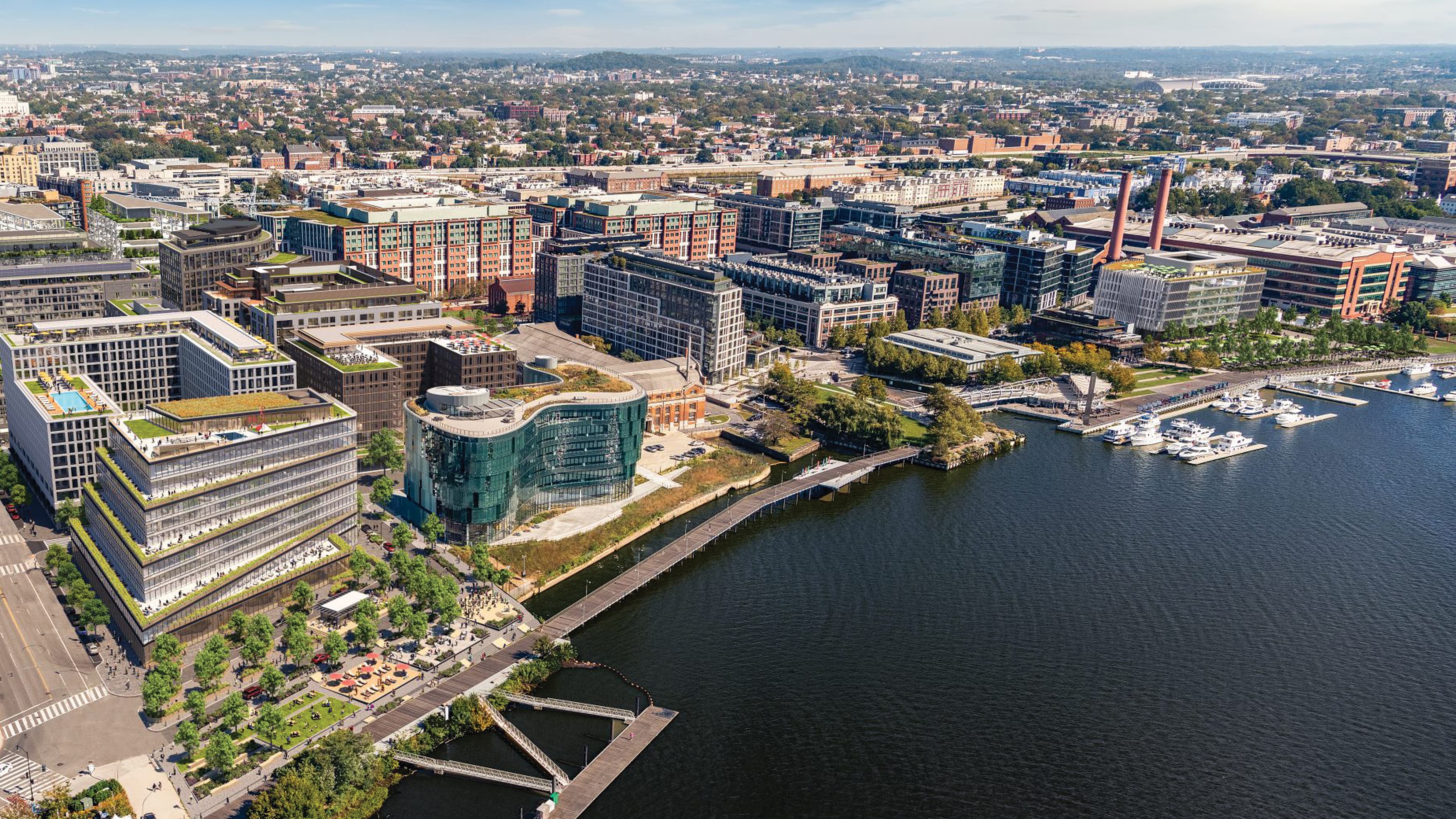 Aerial image of waterfront and city at The Yards in Washington, D.C.